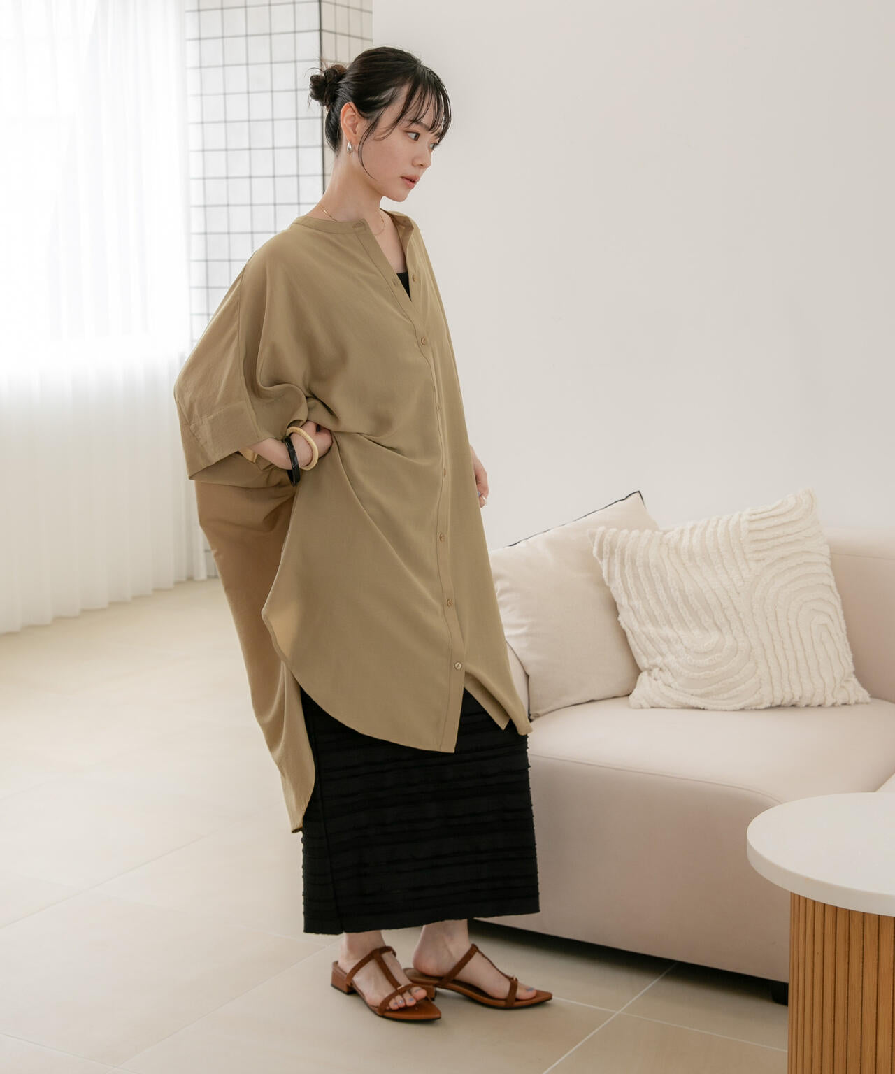 WEB限定/多機能素材 バンドカラーワイドチュニックシャツワンピース