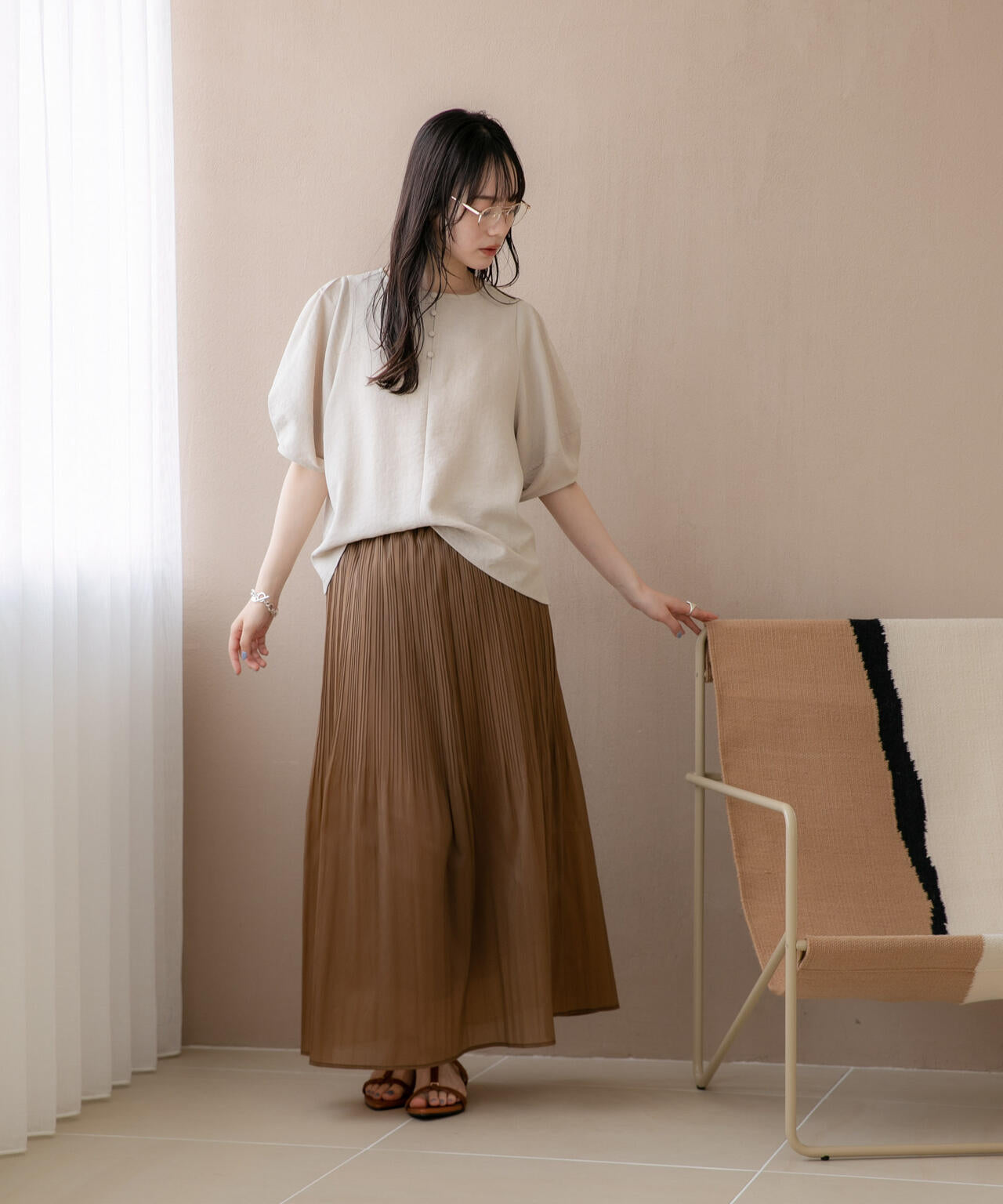 WEB限定/多機能素材 前後2wayランタンスリーブクルーブラウス(セットアップ可)