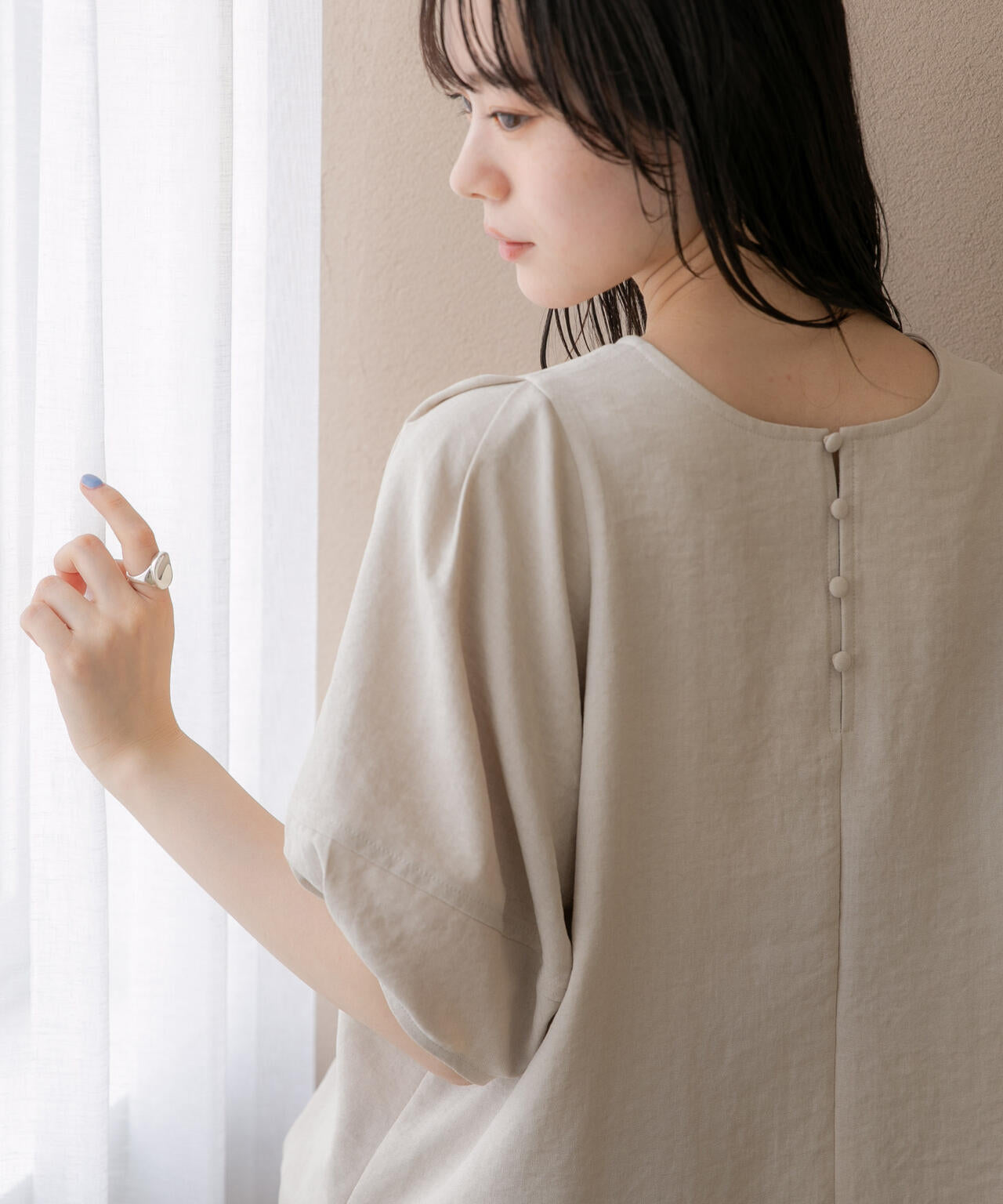 WEB限定/多機能素材 前後2wayランタンスリーブクルーブラウス(セットアップ可)