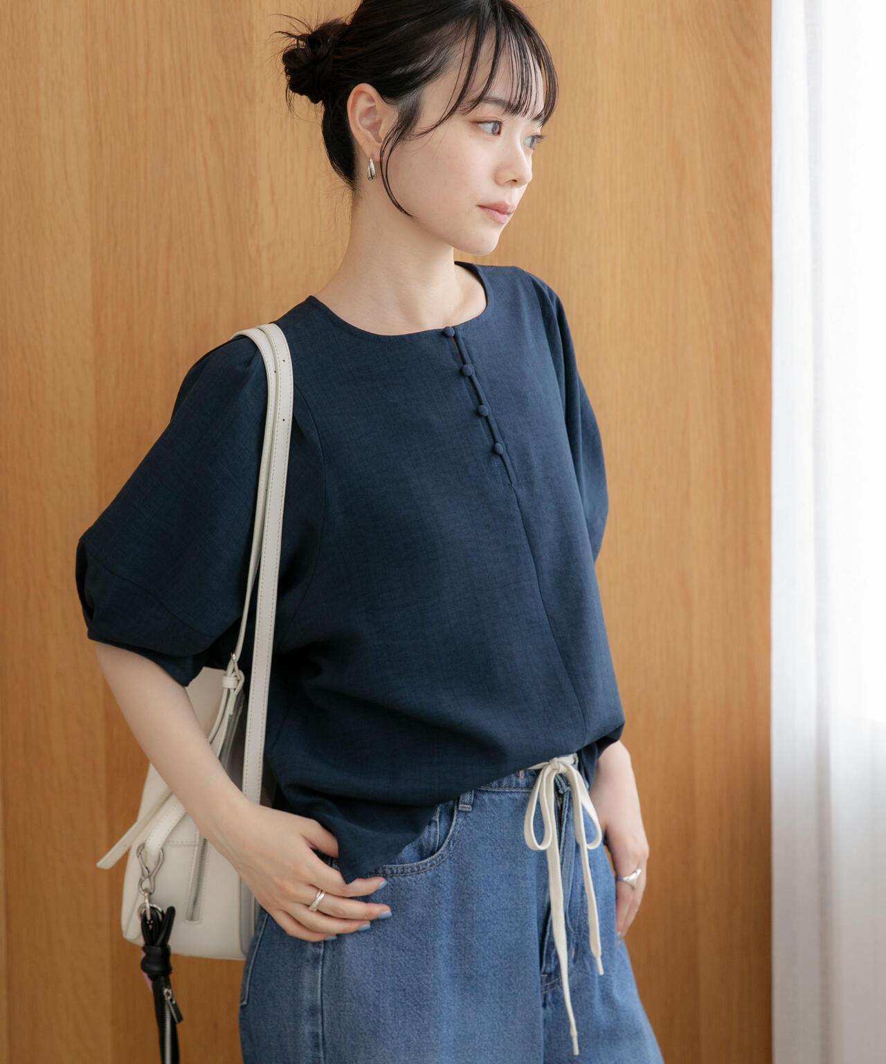 WEB限定/多機能素材 前後2wayランタンスリーブクルーブラウス(セットアップ可)