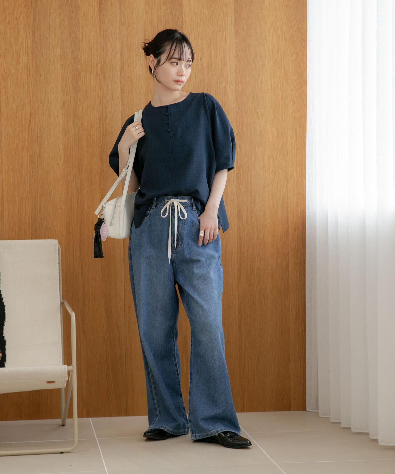 WEB限定/多機能素材 前後2wayランタンスリーブクルーブラウス(セットアップ可)