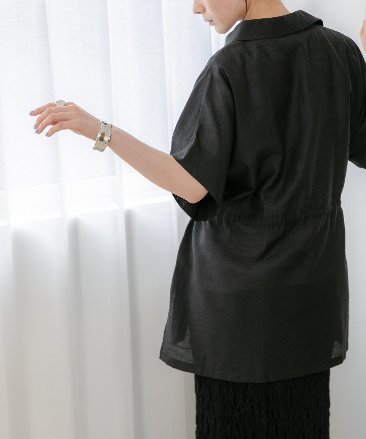 WEB限定/接触冷感機能 リネン混ウエストドロストハーフスリーブシャツ