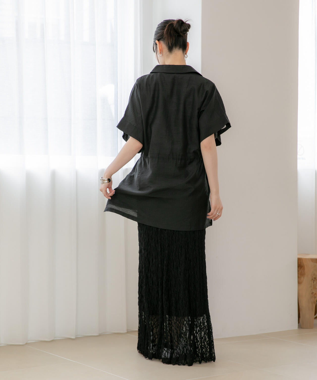 WEB限定/接触冷感機能 リネン混ウエストドロストハーフスリーブシャツ