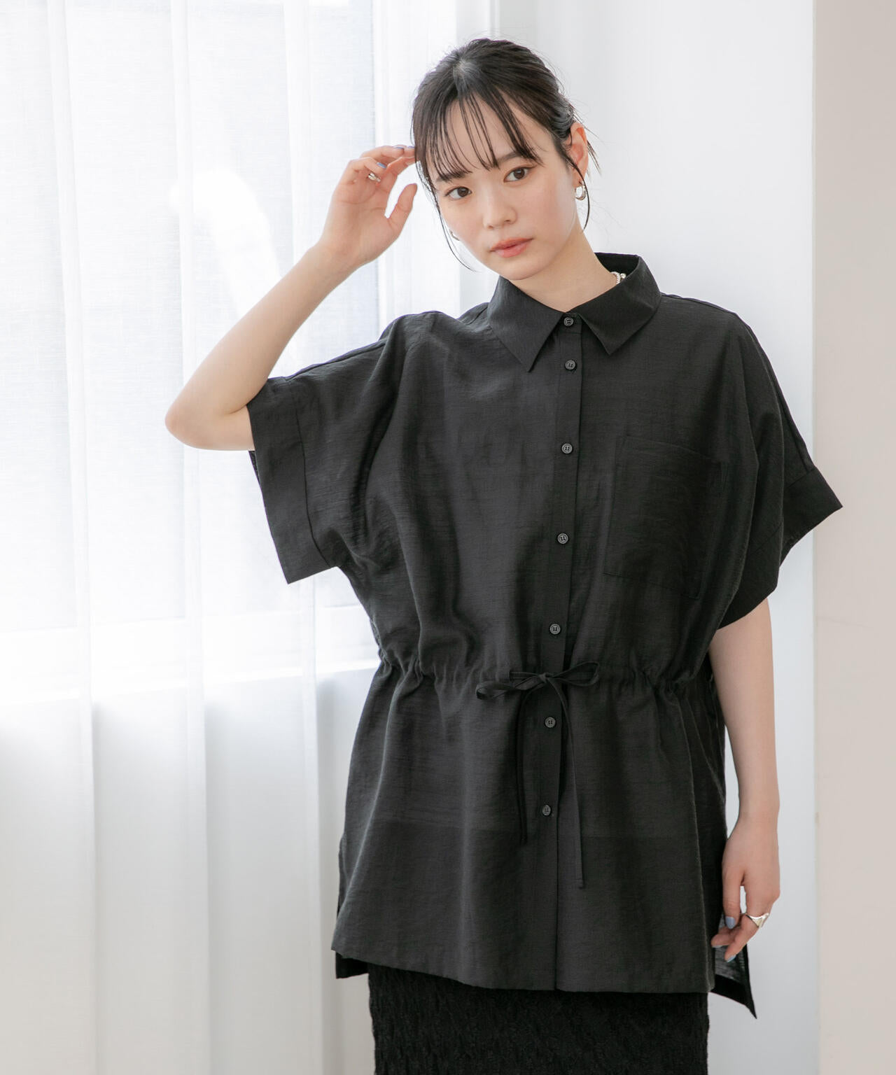WEB限定/接触冷感機能 リネン混ウエストドロストハーフスリーブシャツ
