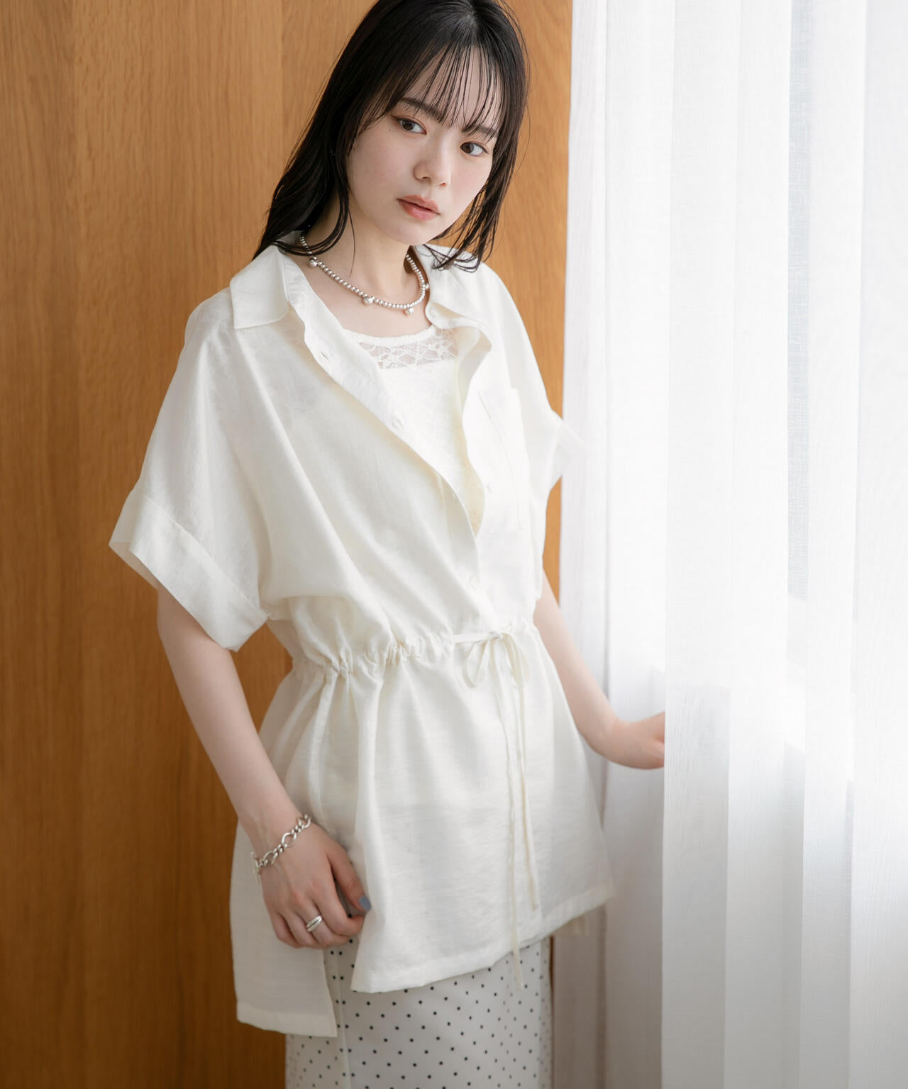 WEB限定/接触冷感機能 リネン混ウエストドロストハーフスリーブシャツ