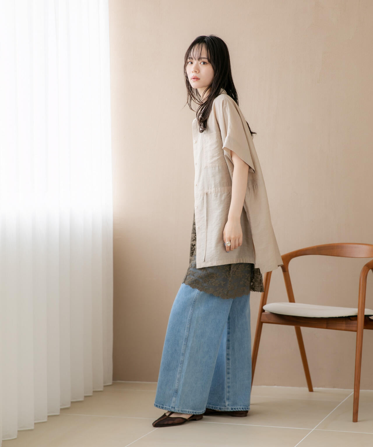 WEB限定/接触冷感機能 リネン混ウエストドロストハーフスリーブシャツ