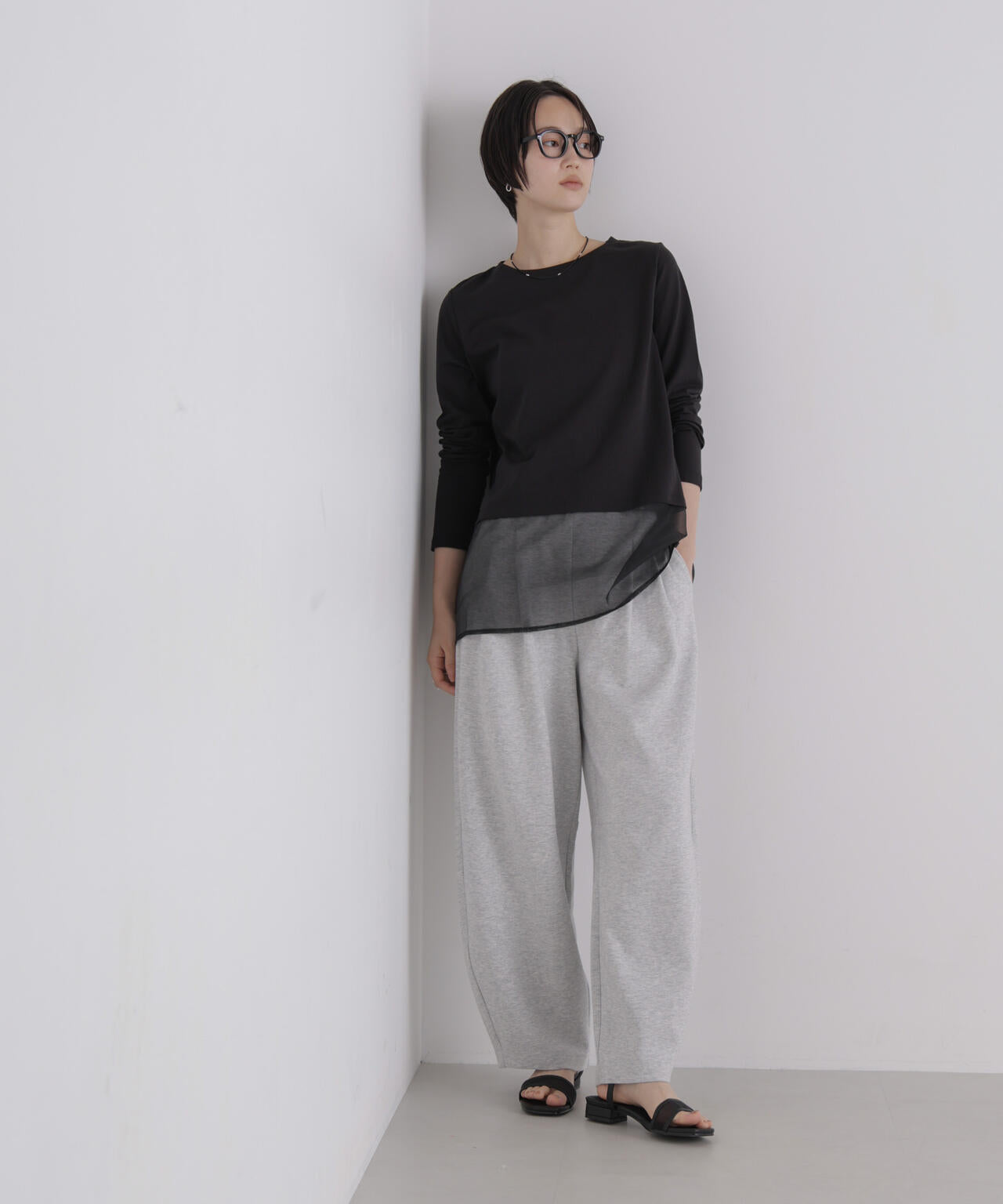 オーガンジーヘム切り替えロングスリーブTシャツ