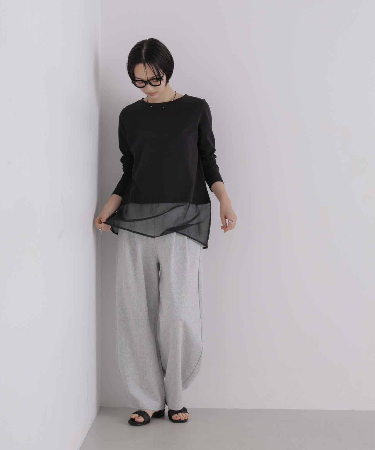 オーガンジーヘム切り替えロングスリーブTシャツ