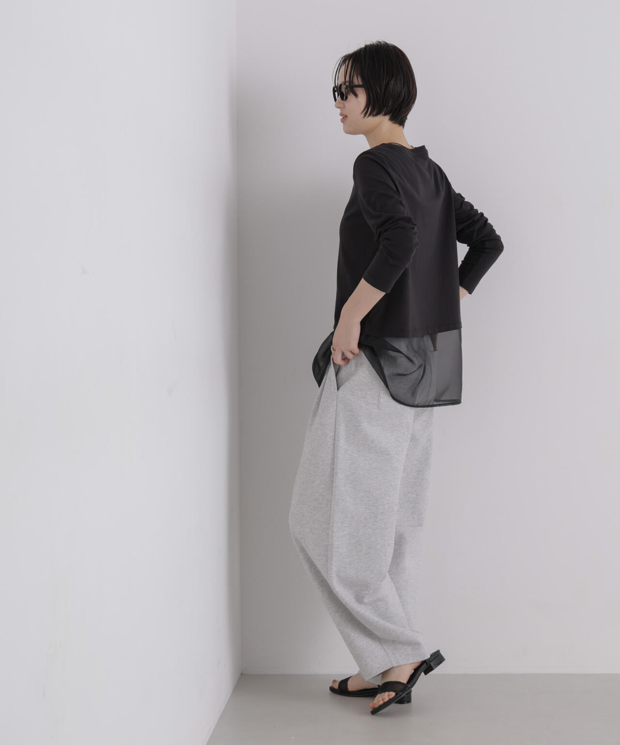 オーガンジーヘム切り替えロングスリーブTシャツ