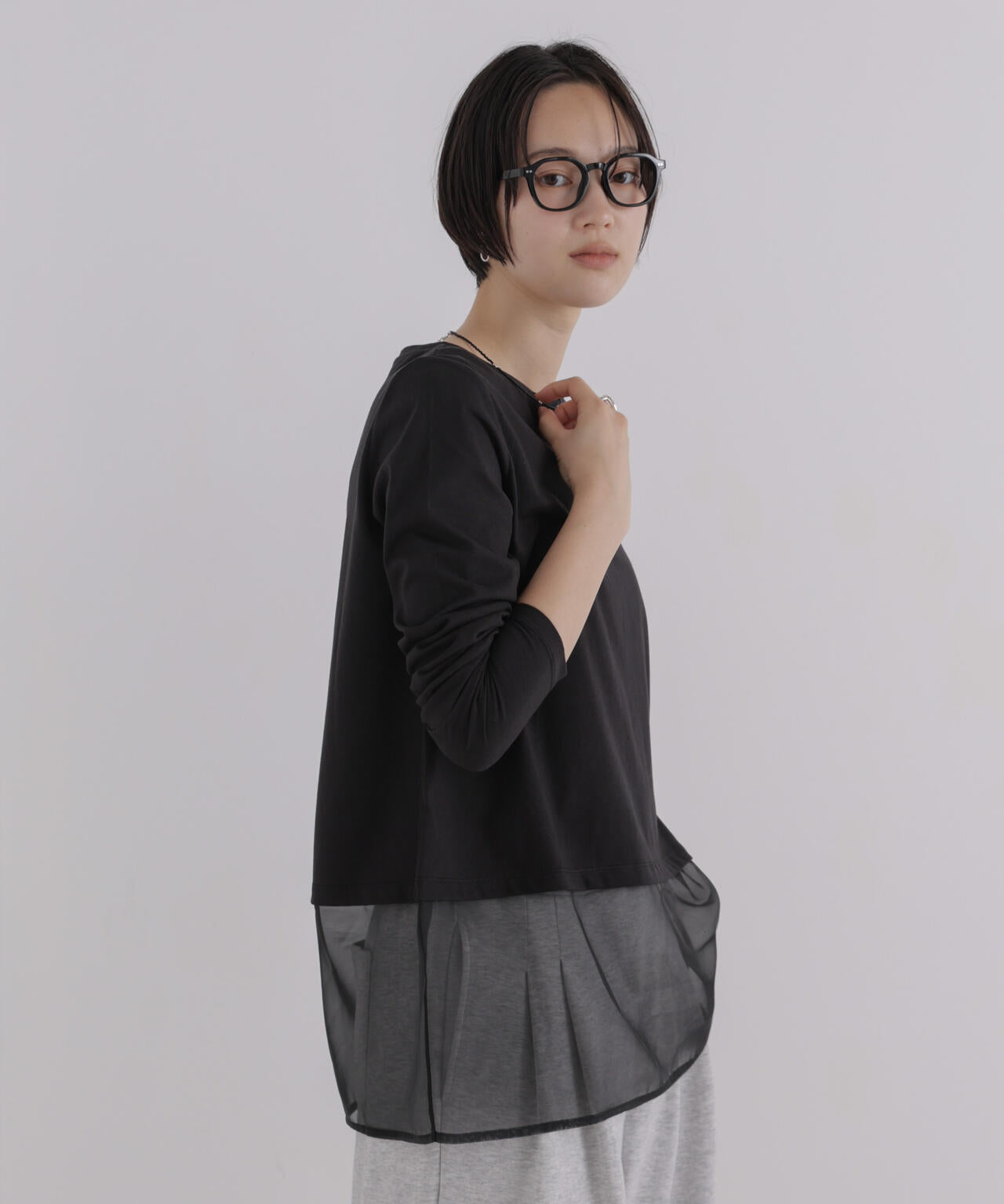 オーガンジーヘム切り替えロングスリーブTシャツ