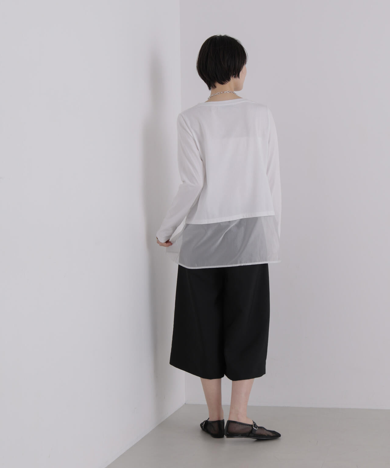 オーガンジーヘム切り替えロングスリーブTシャツ