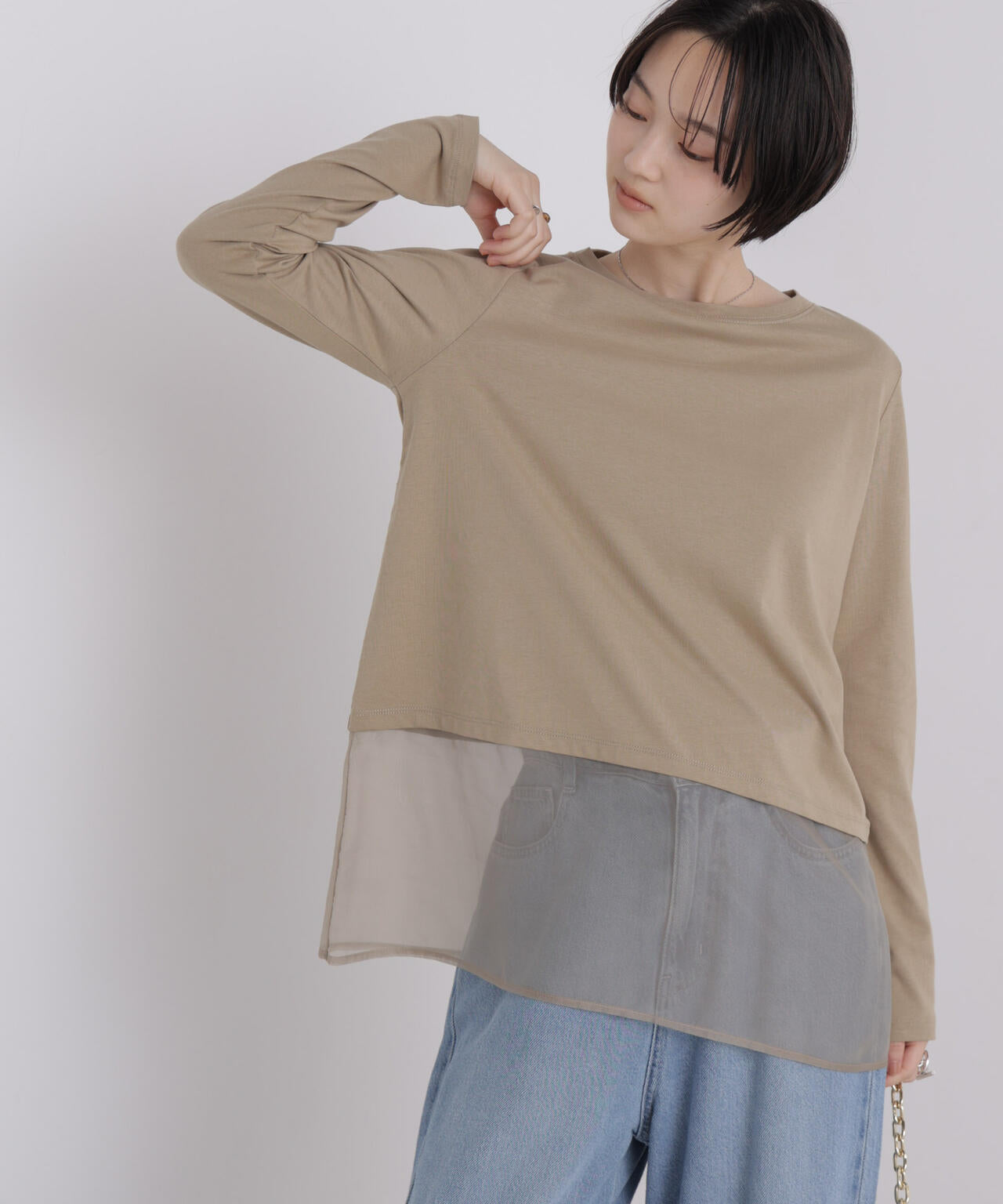 オーガンジーヘム切り替えロングスリーブTシャツ