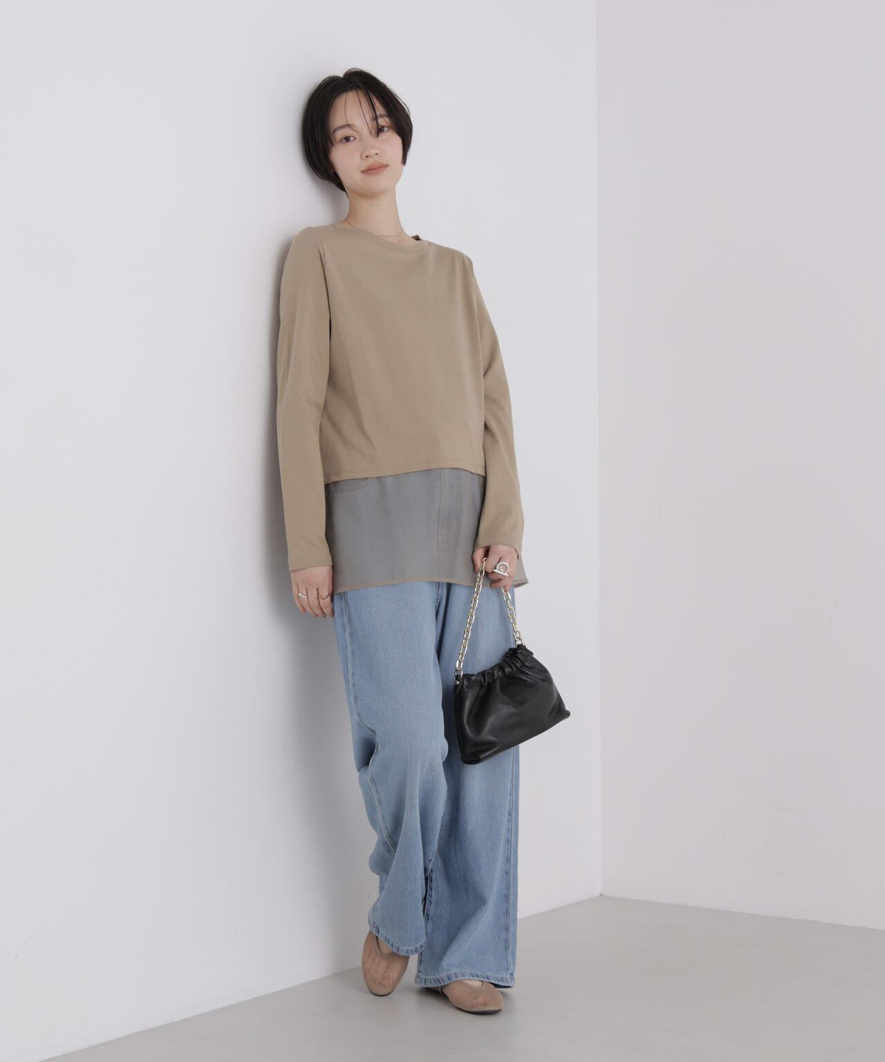 オーガンジーヘム切り替えロングスリーブTシャツ