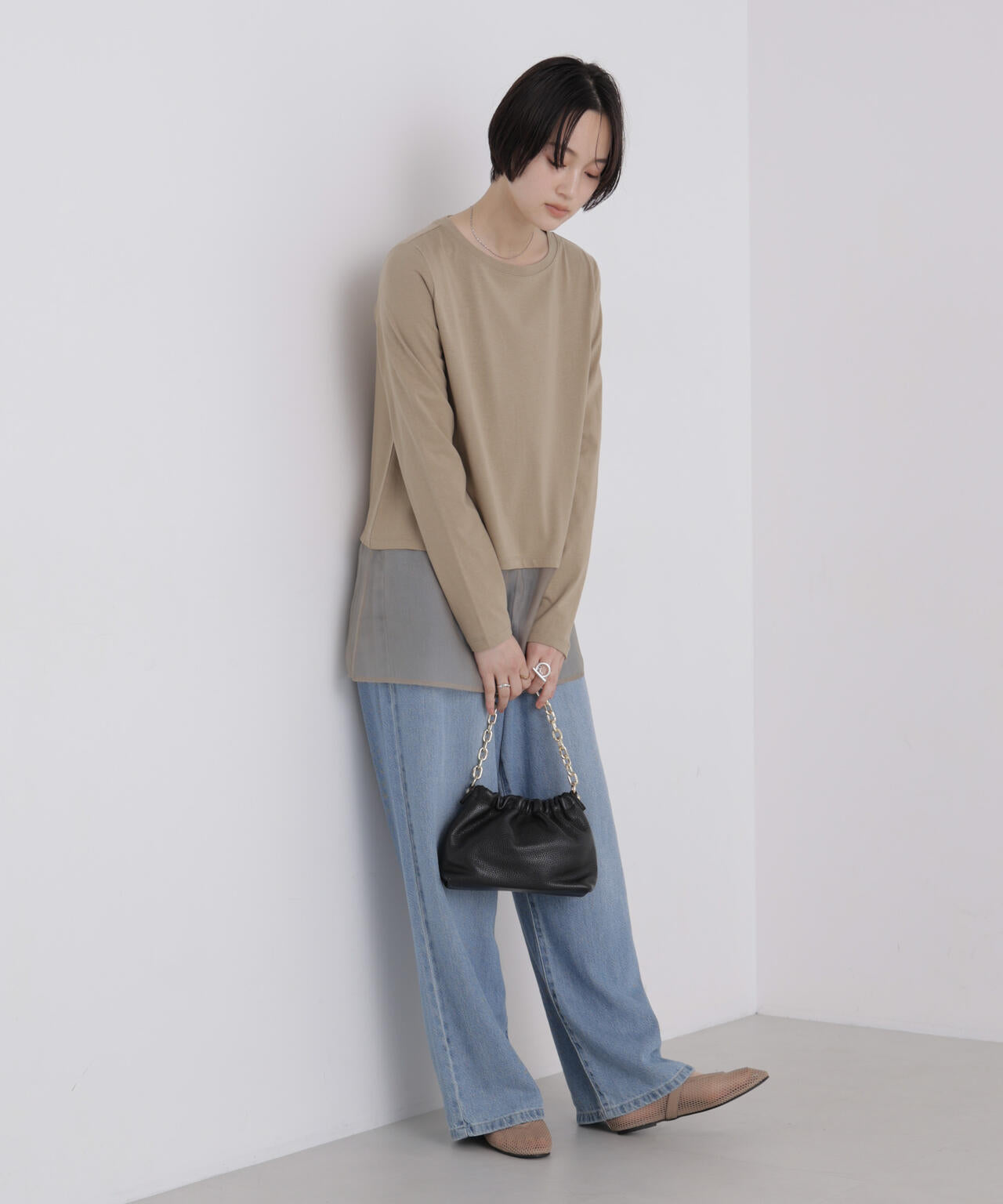 オーガンジーヘム切り替えロングスリーブTシャツ