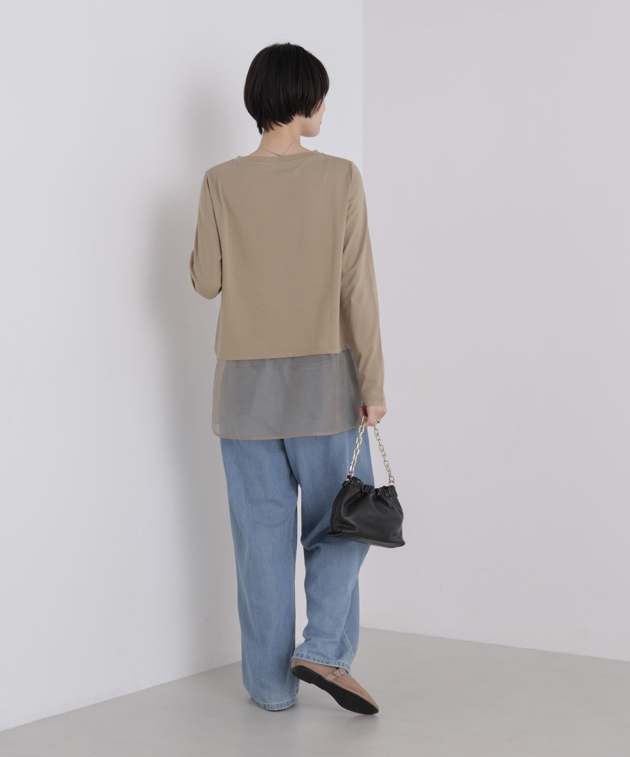 オーガンジーヘム切り替えロングスリーブTシャツ