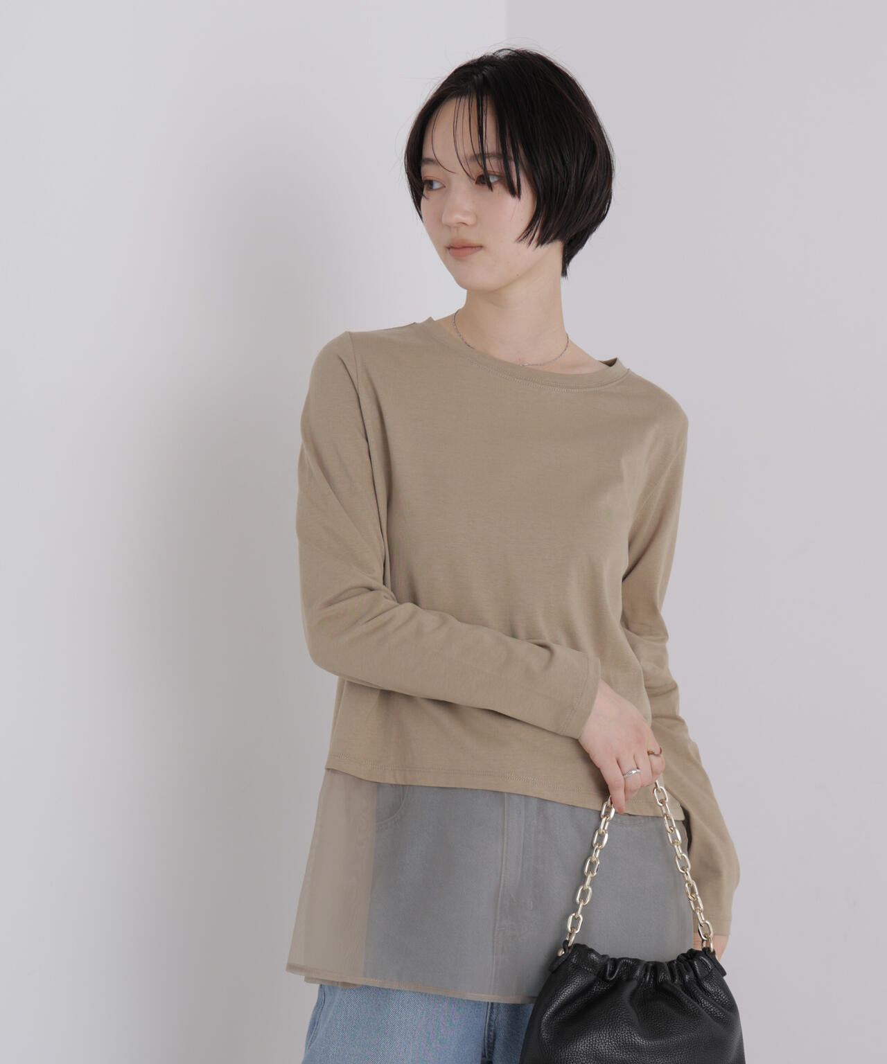 オーガンジーヘム切り替えロングスリーブTシャツ