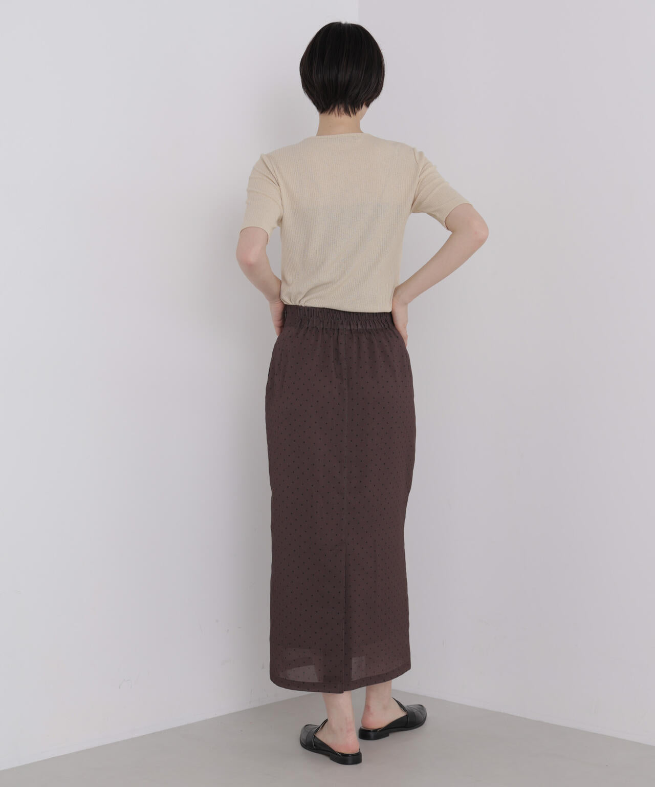 ソフトシアーリブクルーネック半袖トップス