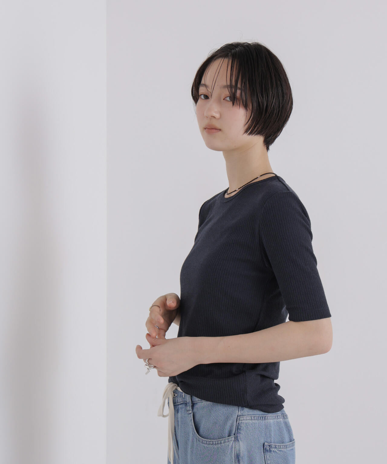 ソフトシアーリブクルーネック半袖トップス