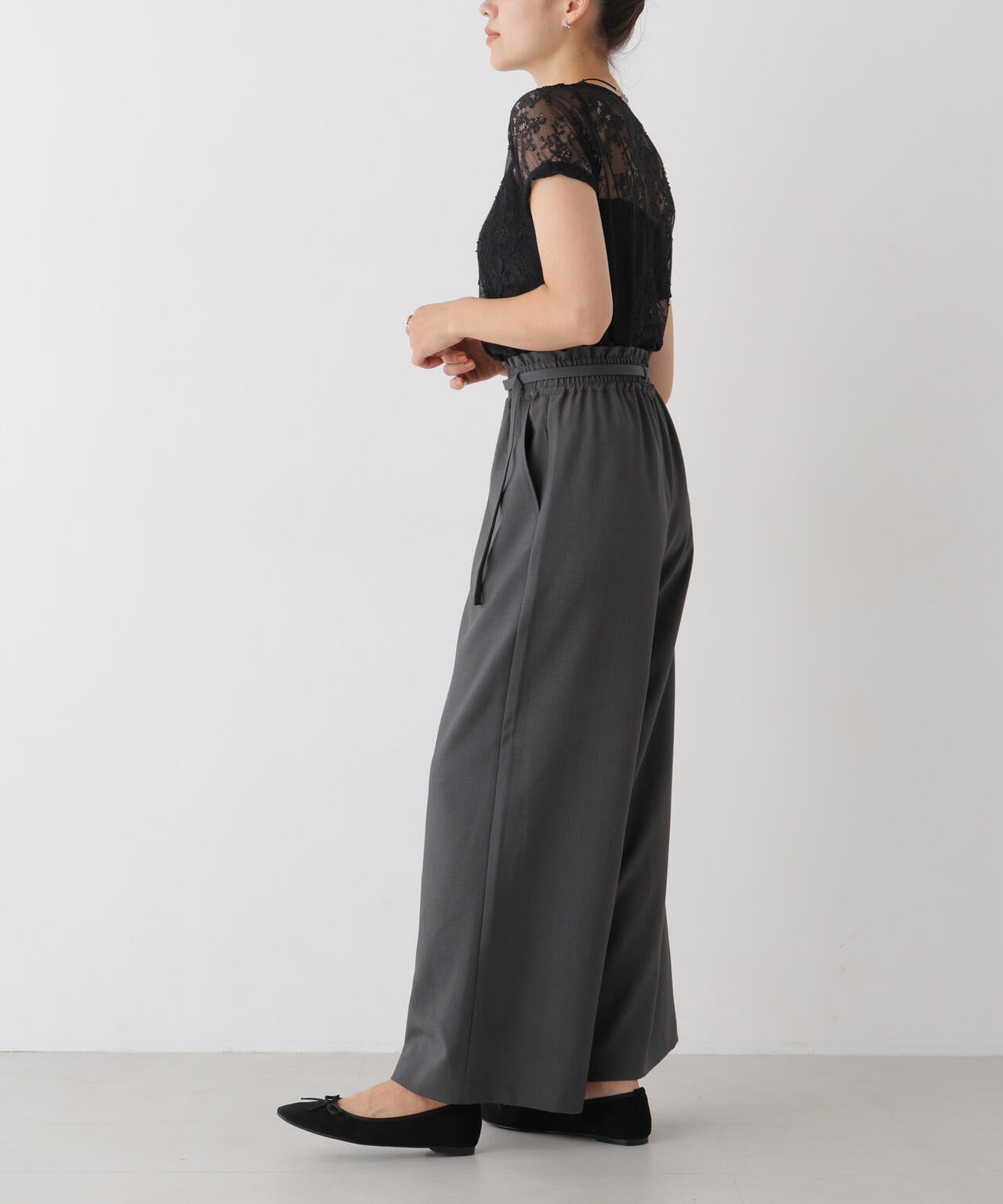 ベルト付きツイルワイドパンツ(セットアップ可)
