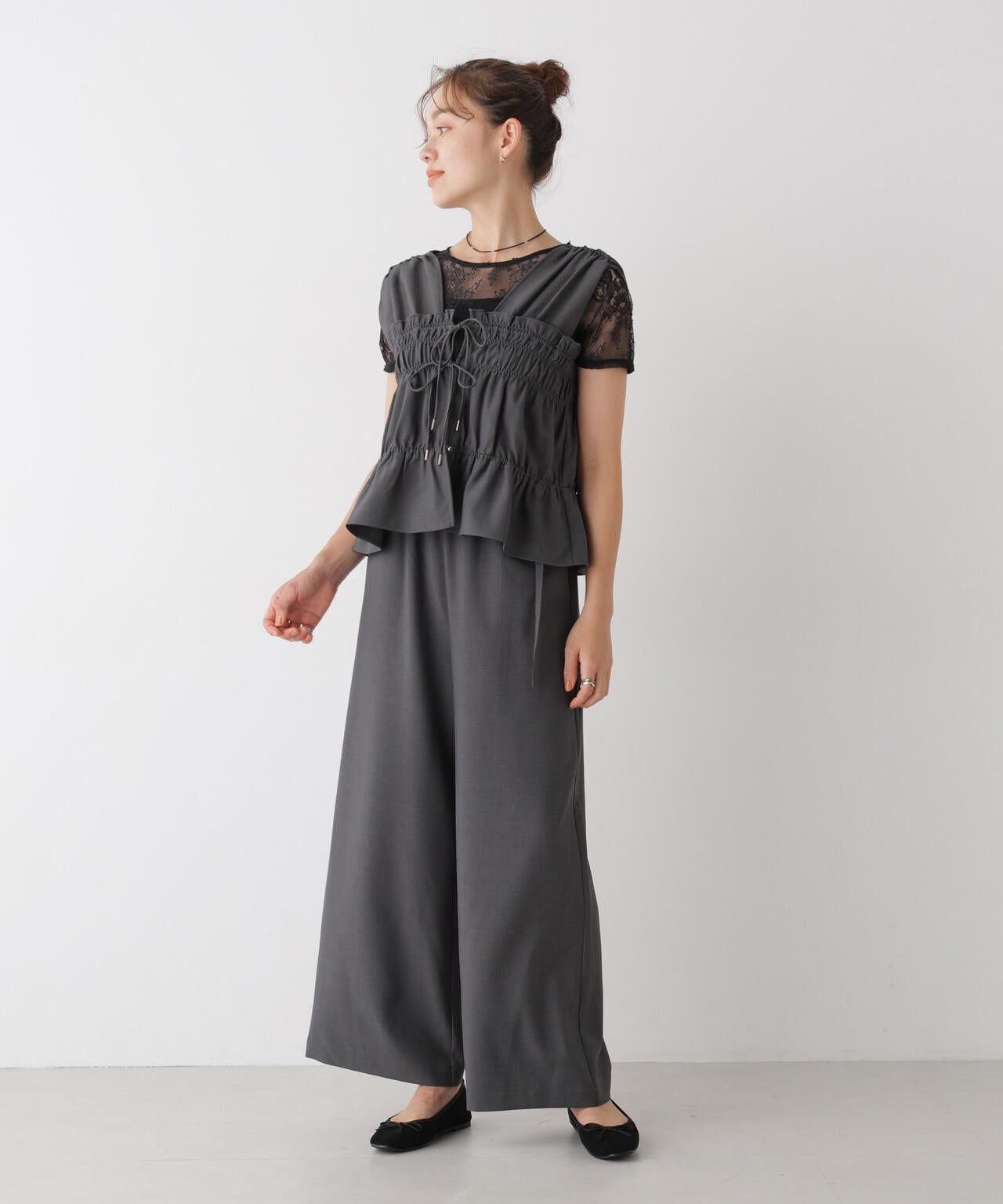 ベルト付きツイルワイドパンツ(セットアップ可)