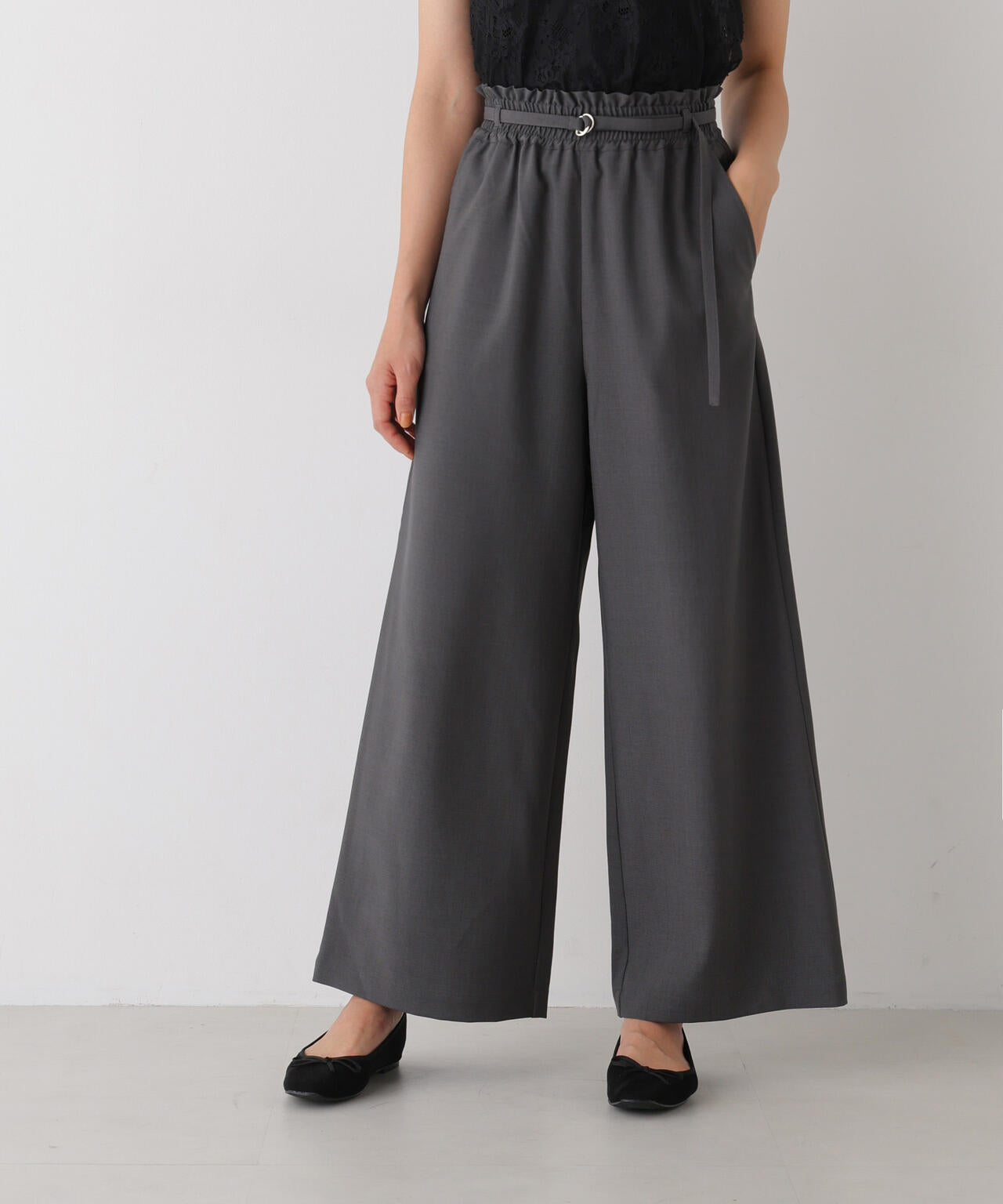 ベルト付きツイルワイドパンツ(セットアップ可)