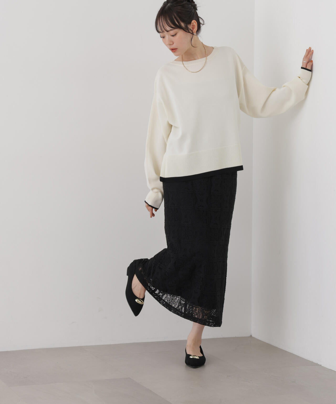 幾何柄レースナロースカート(セットアップ可)