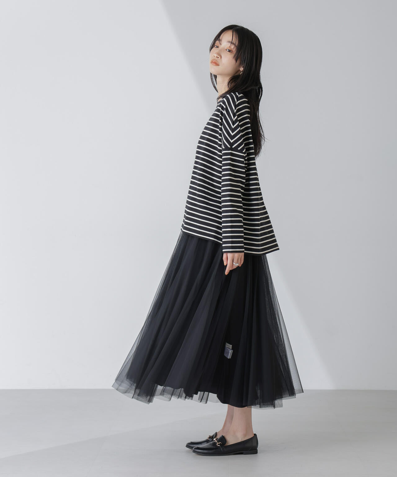 WEB限定/ボーダーワイドドロップトップス
