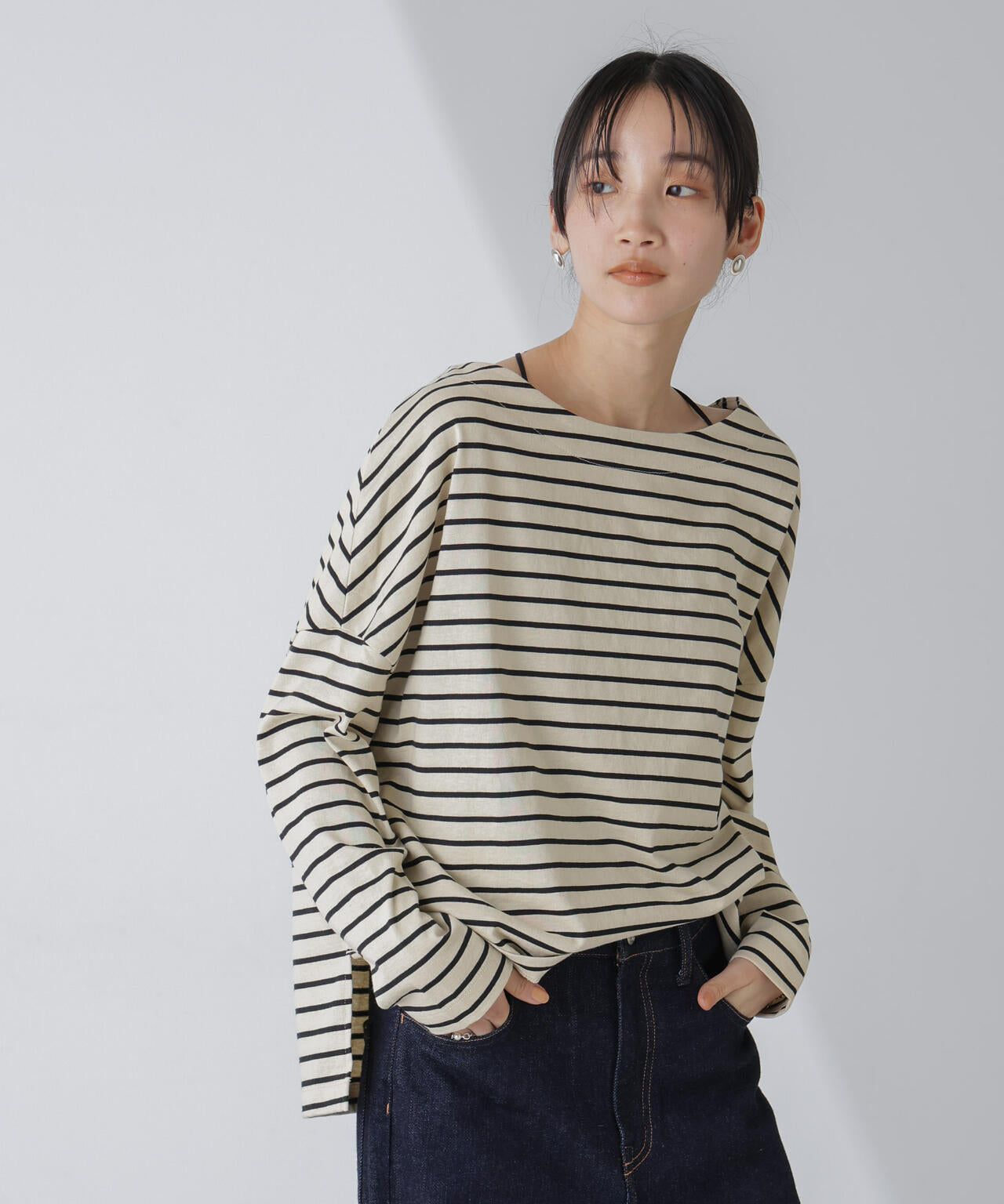 WEB限定/ボーダーワイドドロップトップス