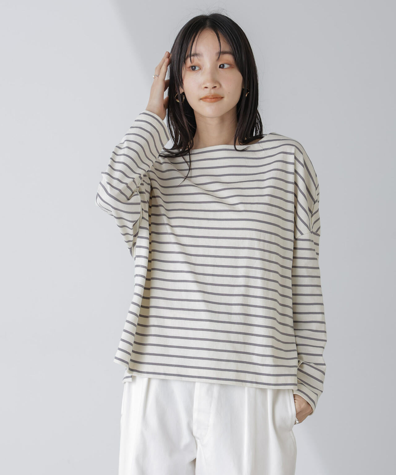 WEB限定/ボーダーワイドドロップトップス