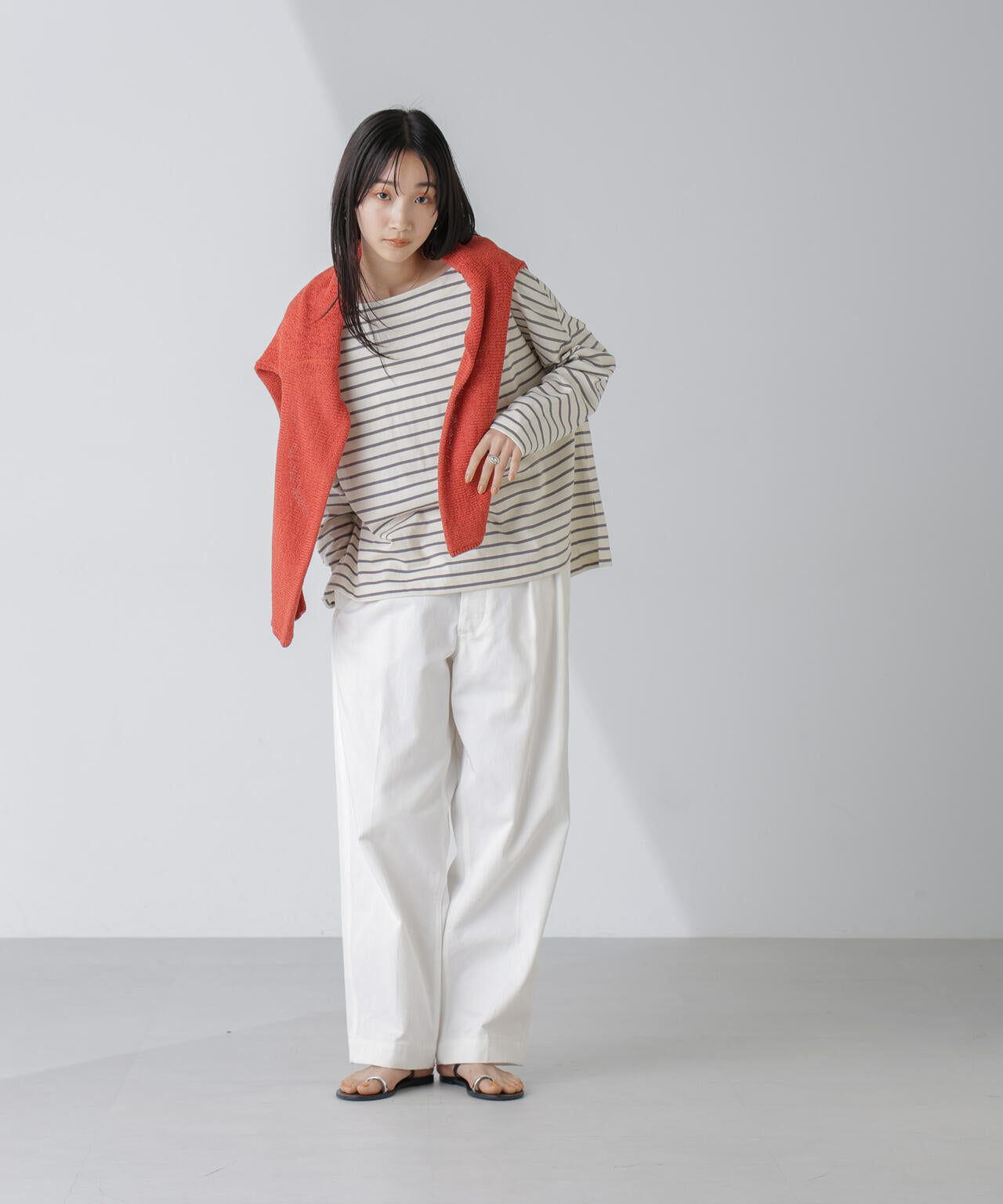 WEB限定/ボーダーワイドドロップトップス