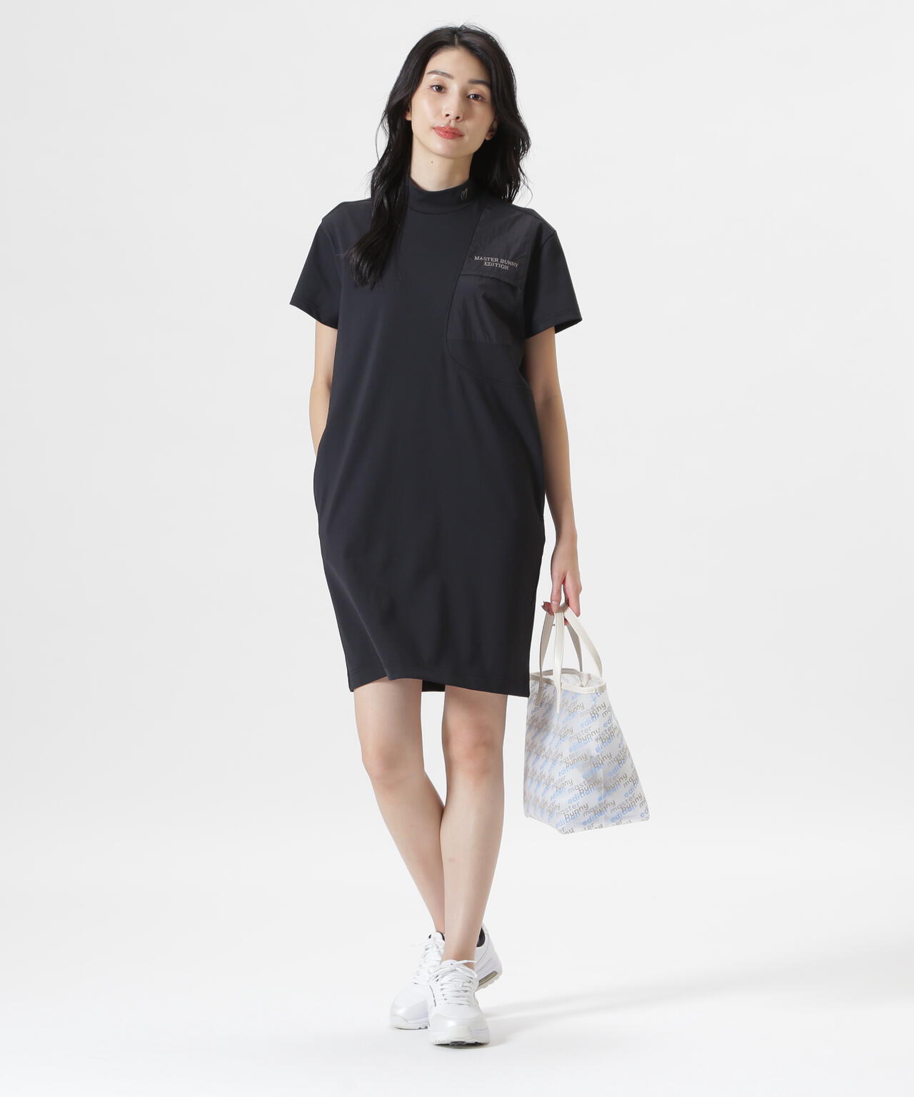 トリコットメッシュ半袖モックネックワンピース (WOMENS)