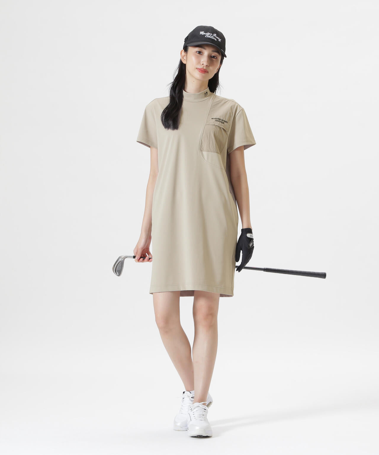 トリコットメッシュ半袖モックネックワンピース (WOMENS)