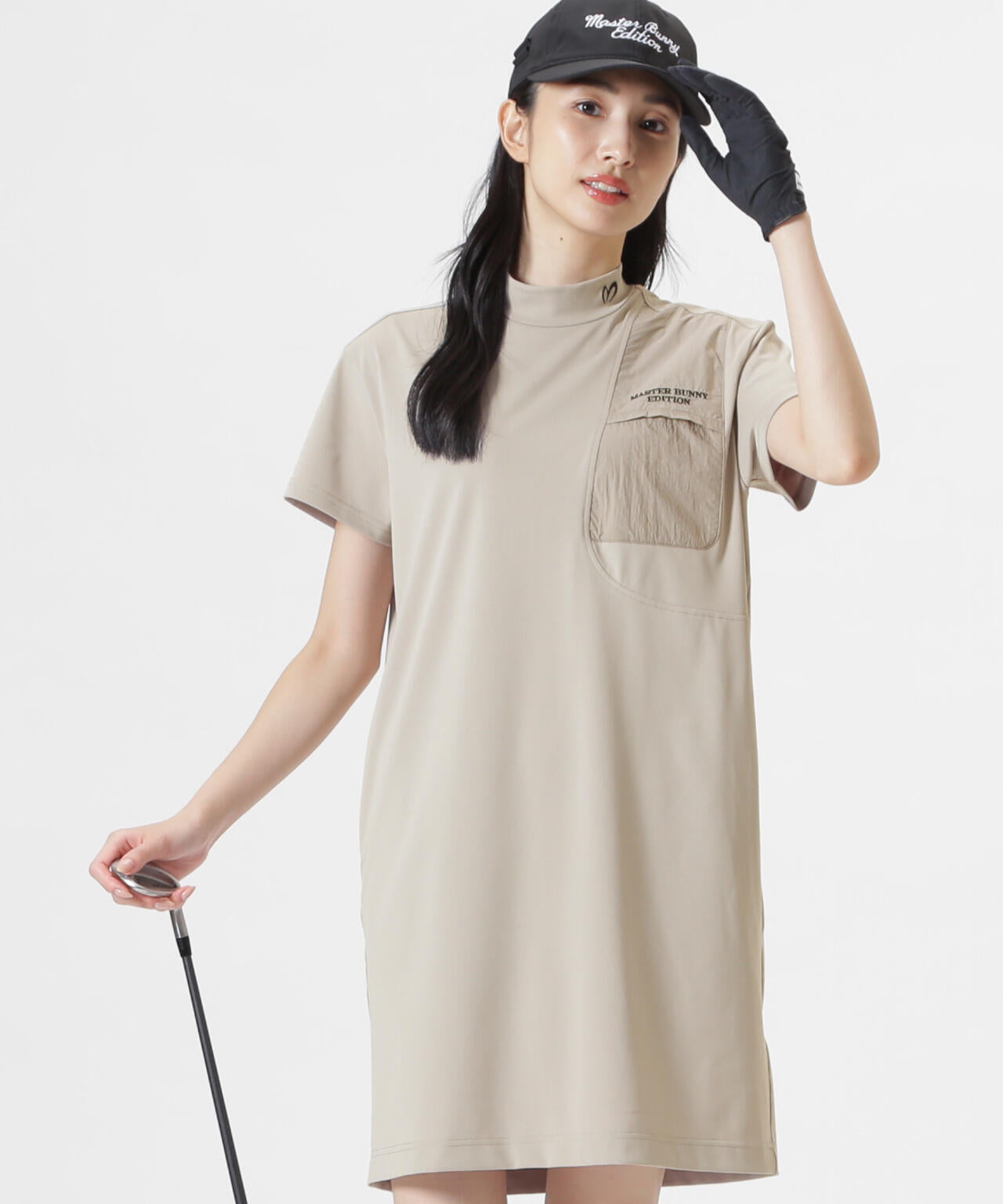 トリコットメッシュ半袖モックネックワンピース (WOMENS)