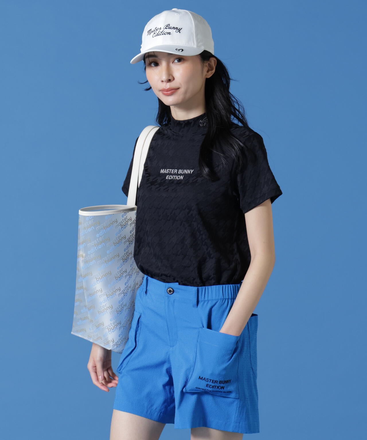 千鳥凹凸ジャガード半袖ハイネックカットソー