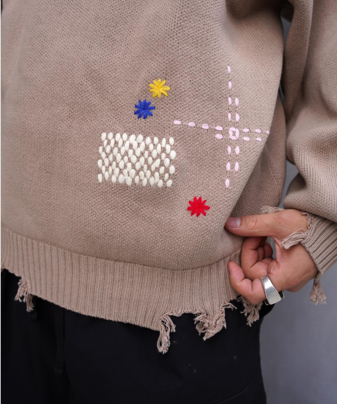 B omnivore/ビーオムニボー　HAND STITCH CREWNECK KNIT ハンドステッチクルーネックニット