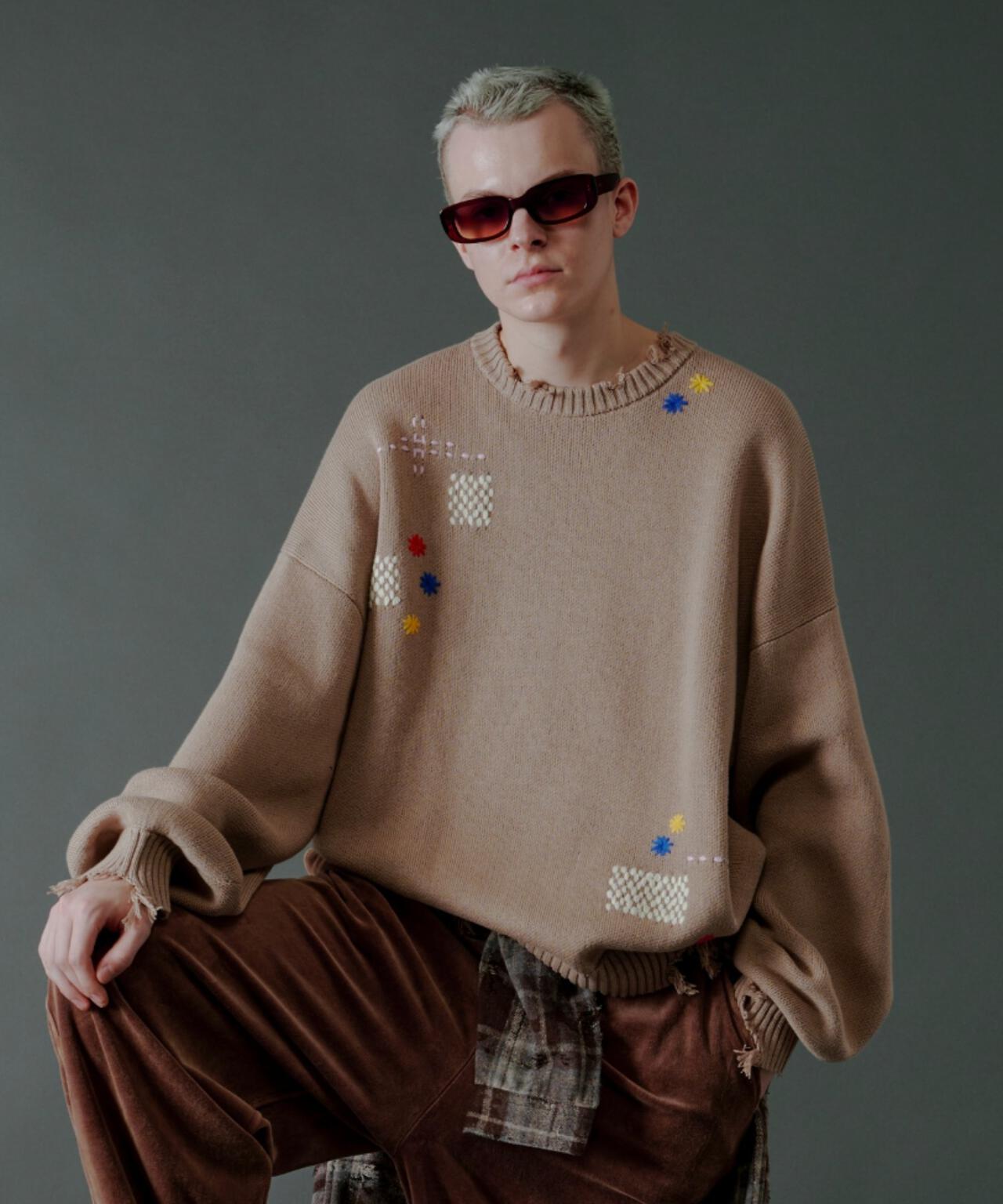 B omnivore/ビーオムニボー　HAND STITCH CREWNECK KNIT ハンドステッチクルーネックニット
