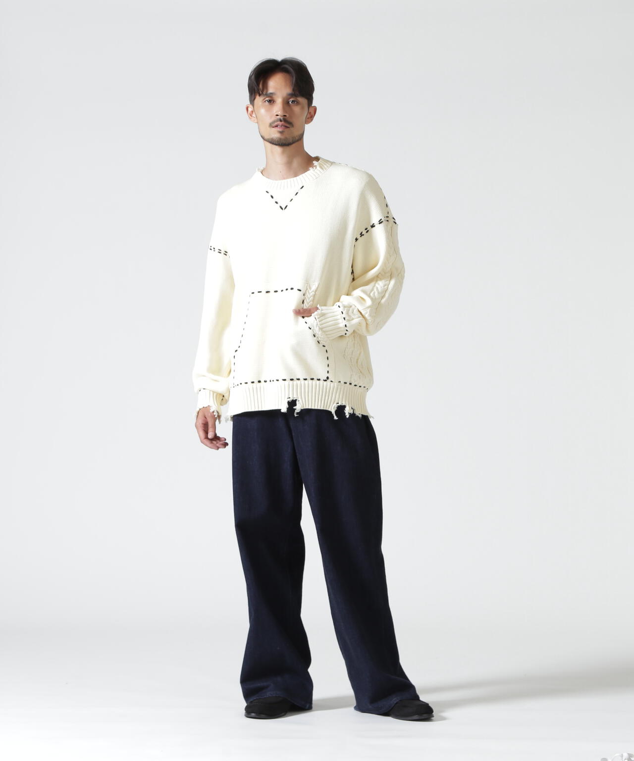 B omnivore/ビーオムニボー　HANDSTITCH CABLE KNIT CREWNECK ハンドステッチケーブルニットクルーネック