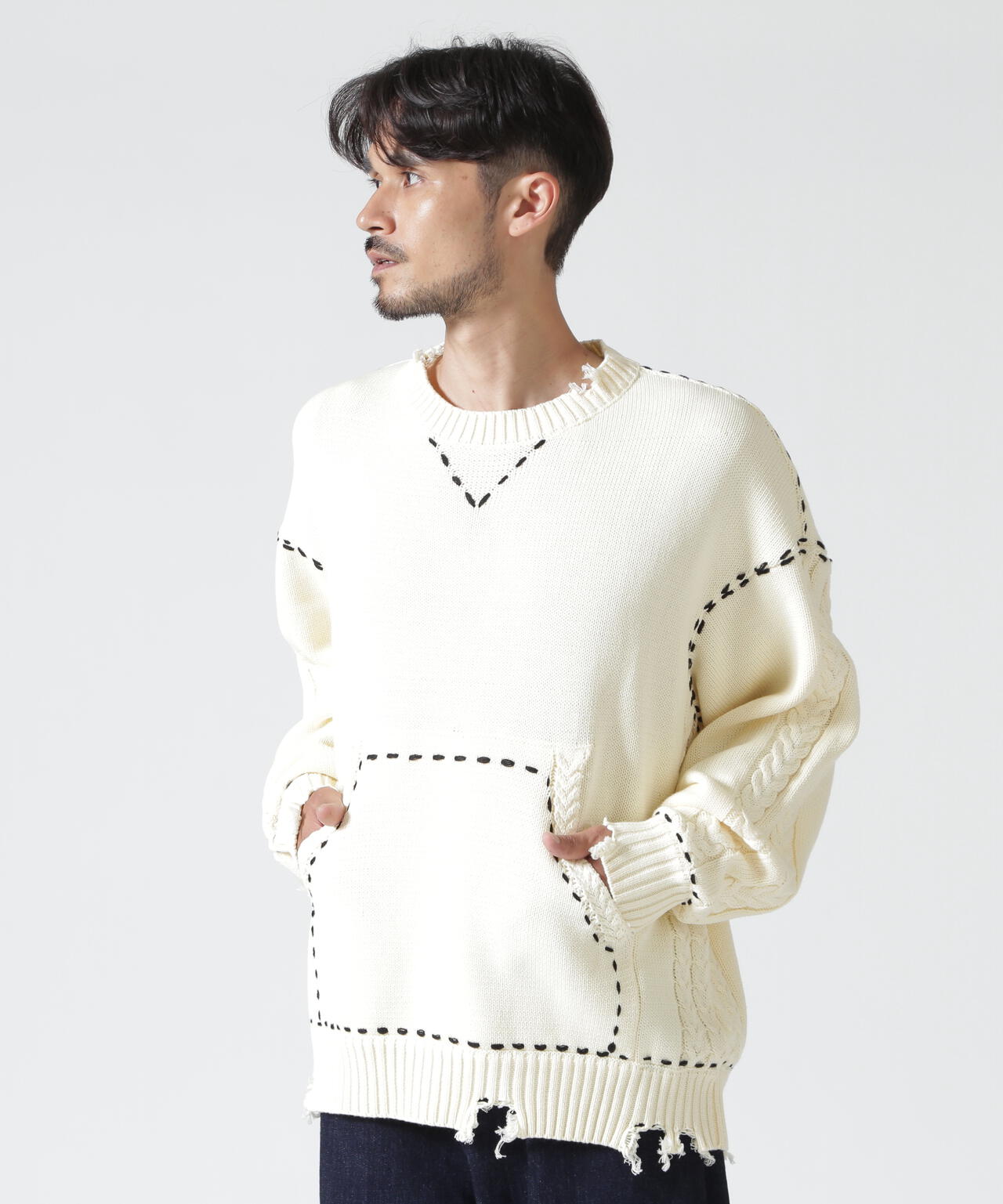 B omnivore/ビーオムニボー　HANDSTITCH CABLE KNIT CREWNECK ハンドステッチケーブルニットクルーネック