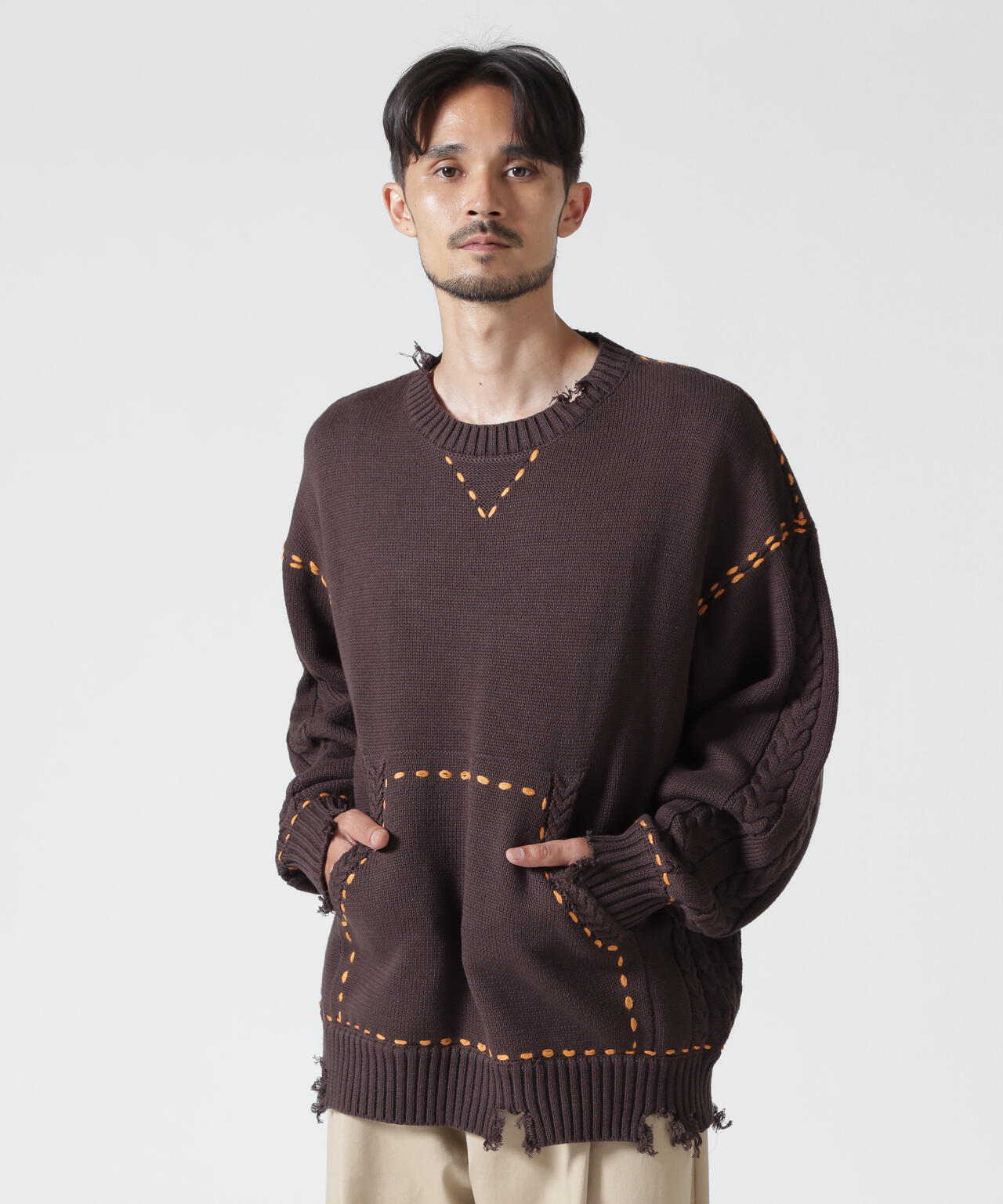 B omnivore/ビーオムニボー　HANDSTITCH CABLE KNIT CREWNECK ハンドステッチケーブルニットクルーネック