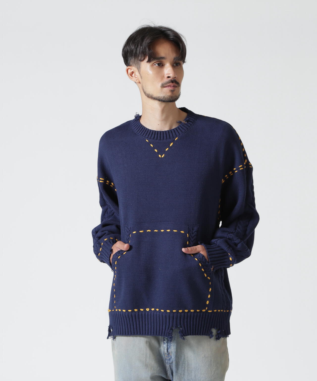 B omnivore/ビーオムニボー　HANDSTITCH CABLE KNIT CREWNECK ハンドステッチケーブルニットクルーネック