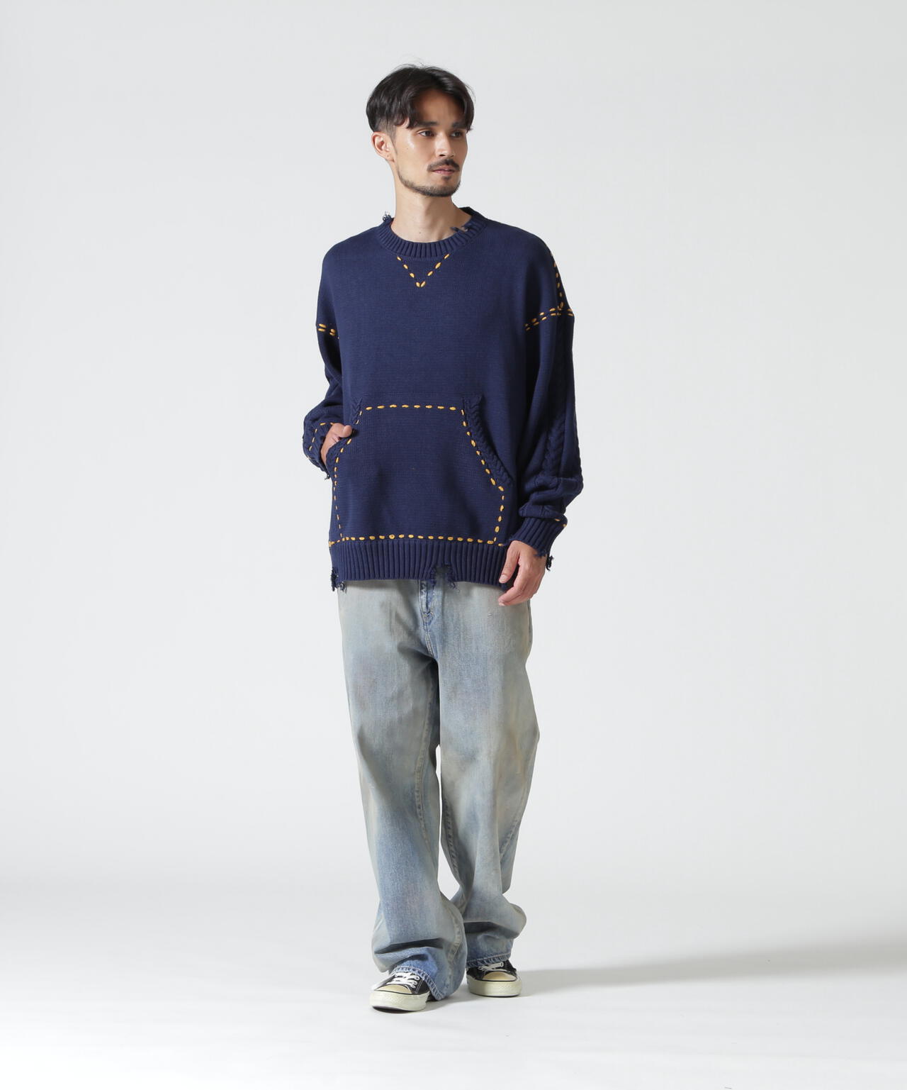 B omnivore/ビーオムニボー　HANDSTITCH CABLE KNIT CREWNECK ハンドステッチケーブルニットクルーネック