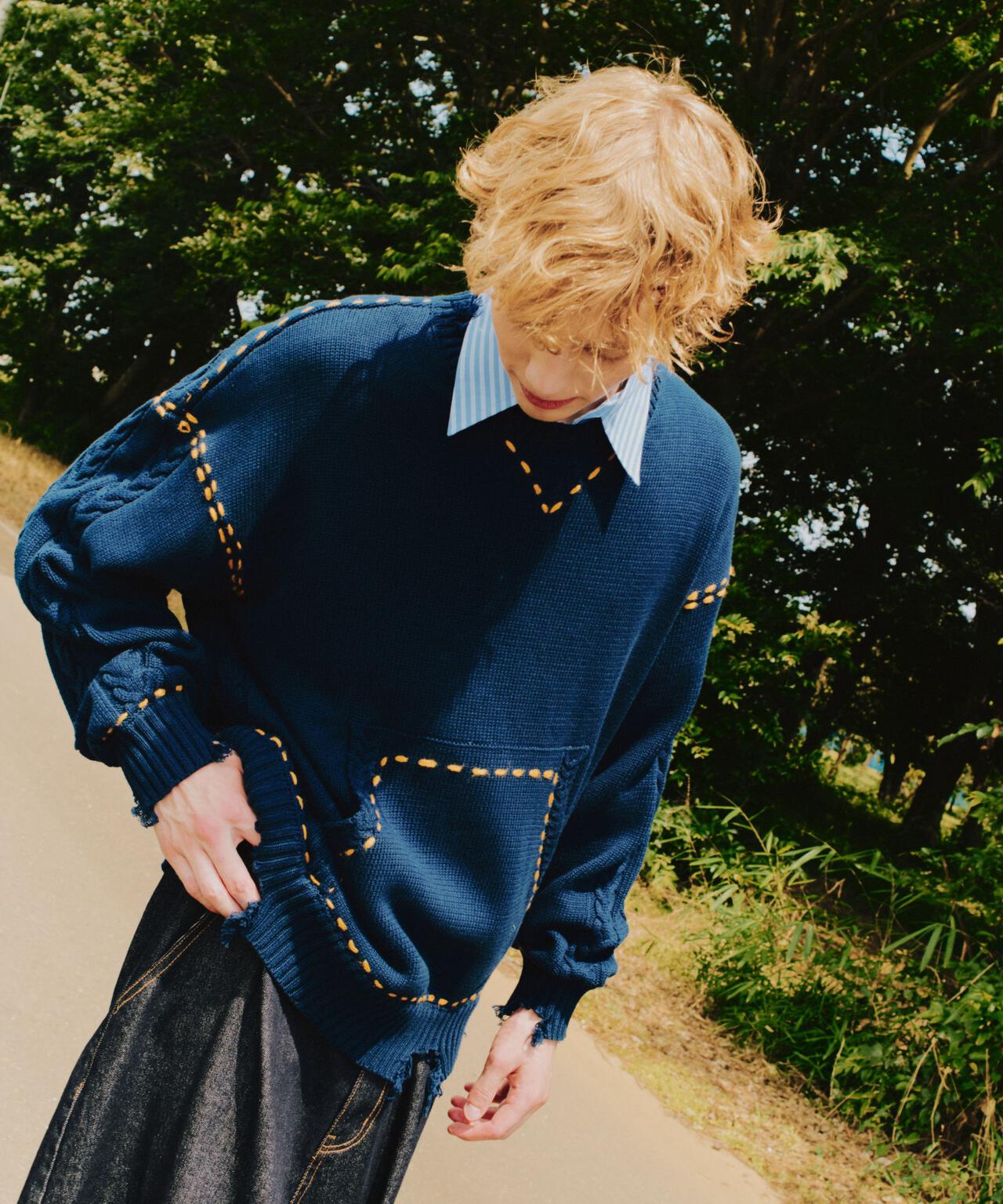 B omnivore/ビーオムニボー　HANDSTITCH CABLE KNIT CREWNECK ハンドステッチケーブルニットクルーネック