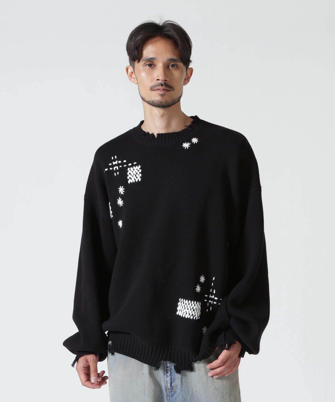 B omnivore/ビーオムニボー　HAND STITCH CREWNECK KNIT ハンドステッチクルーネックニット