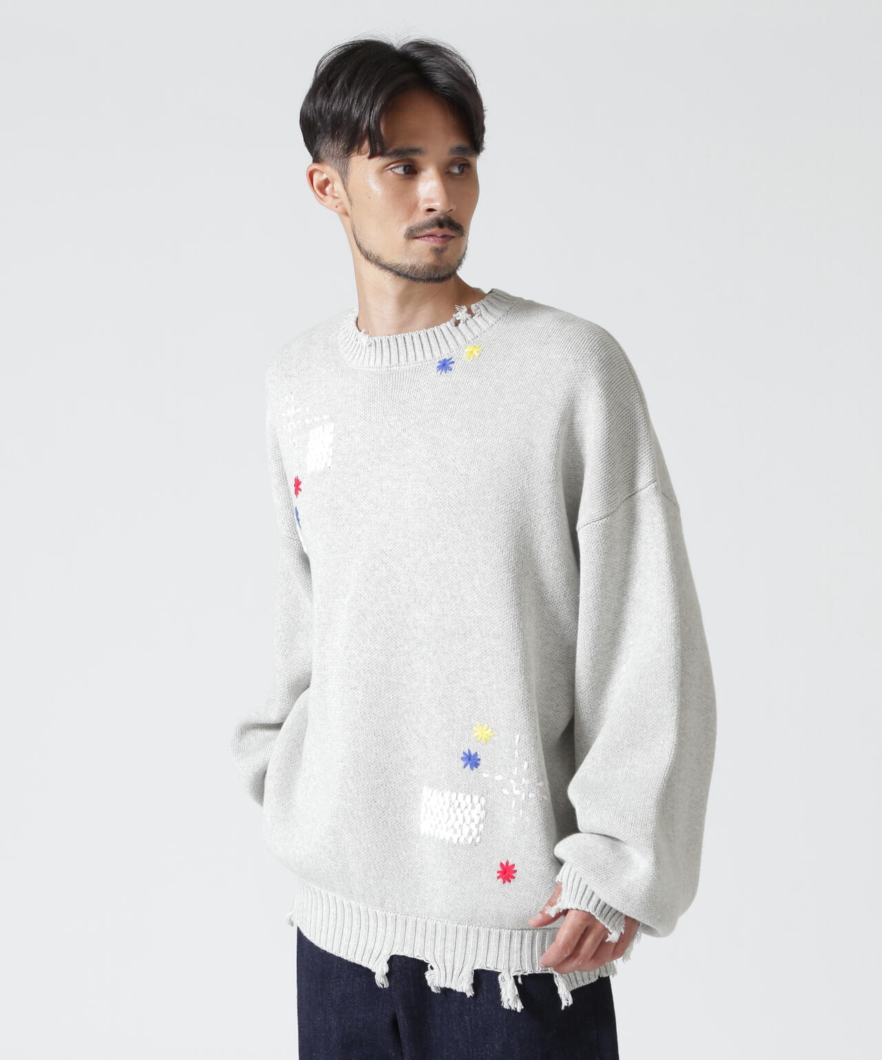 B omnivore/ビーオムニボー　HAND STITCH CREWNECK KNIT ハンドステッチクルーネックニット