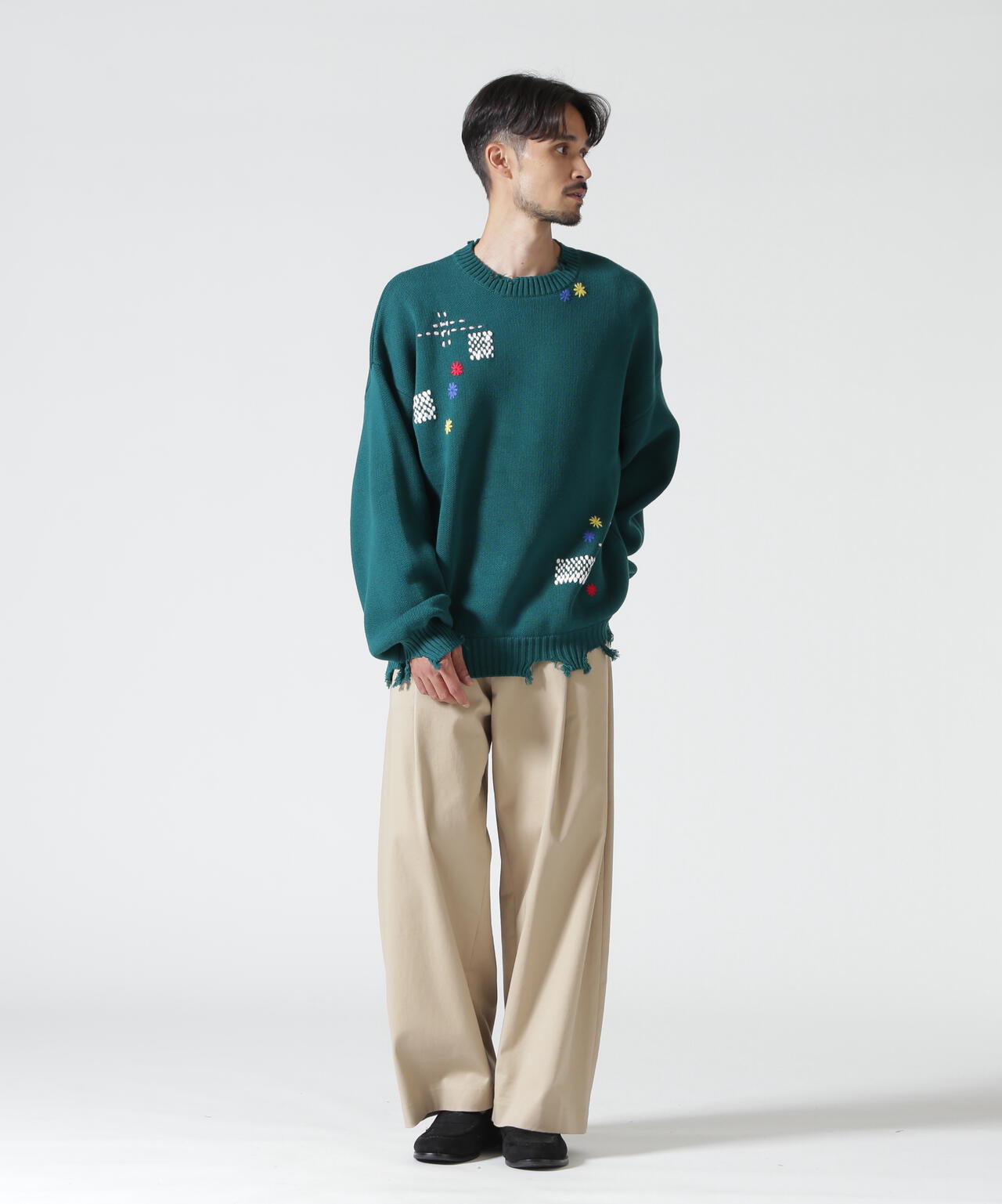 B omnivore/ビーオムニボー　HAND STITCH CREWNECK KNIT ハンドステッチクルーネックニット