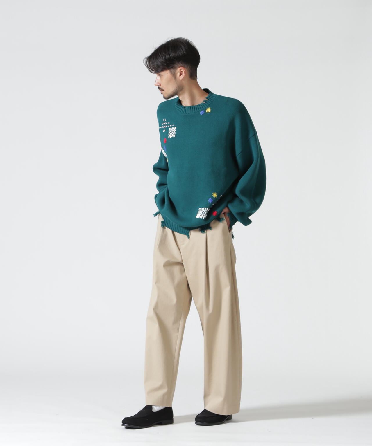 B omnivore/ビーオムニボー　HAND STITCH CREWNECK KNIT ハンドステッチクルーネックニット