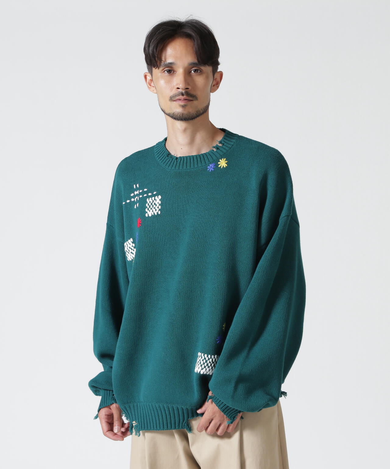 B omnivore/ビーオムニボー　HAND STITCH CREWNECK KNIT ハンドステッチクルーネックニット