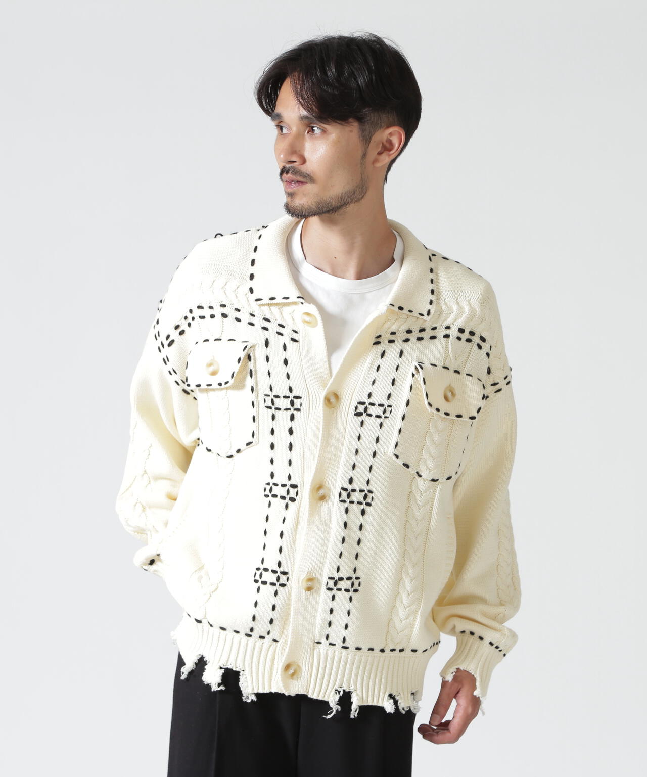 B omnivore/ビーオムニボー　HANDSTITCH CABLE KNIT JACKET ハンドステッチケーブルニットジャケット