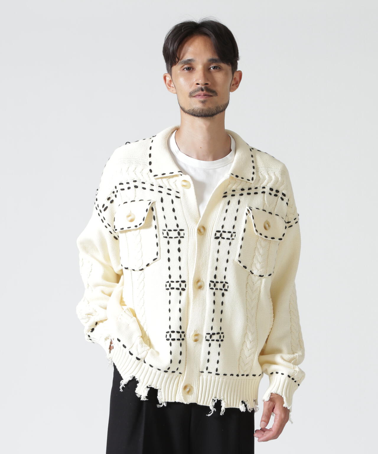 B omnivore/ビーオムニボー　HANDSTITCH CABLE KNIT JACKET ハンドステッチケーブルニットジャケット