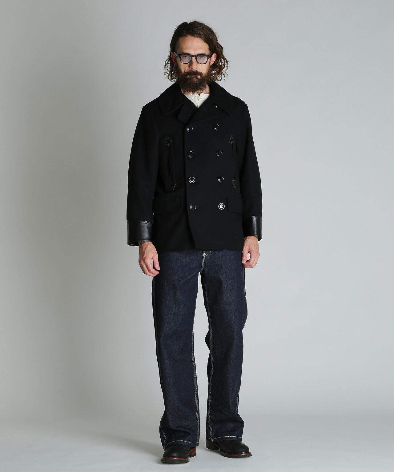 787US LEATHER COMB.  PEA JACKET/レザーコンビ ピージャケット